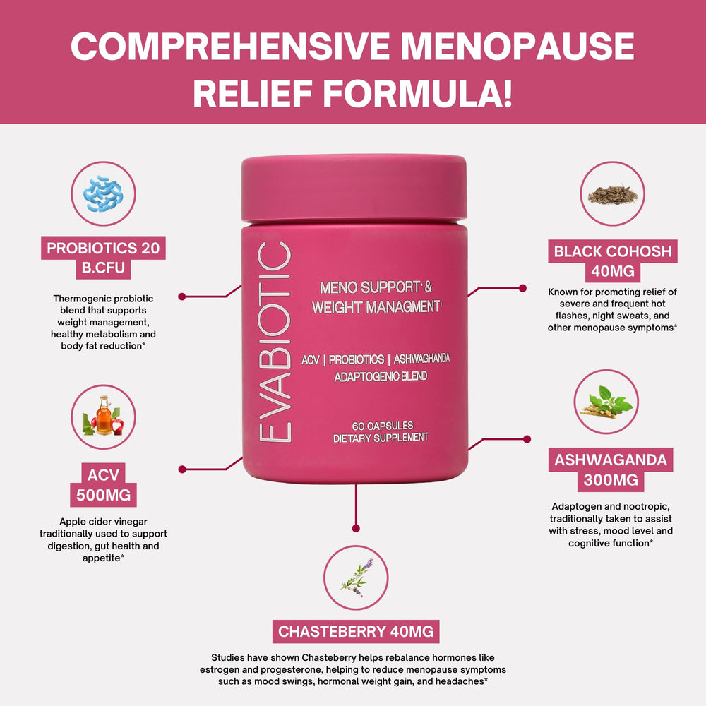 EVABIOTIC Complete menopause probiotic blend; supports digestion and gut health.
