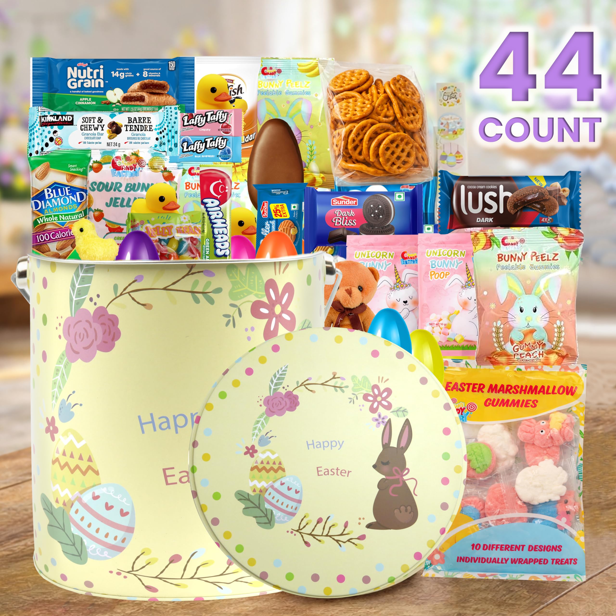 Quality snacks from Eva's Gift Universe showcased in a colorful Easter tin.