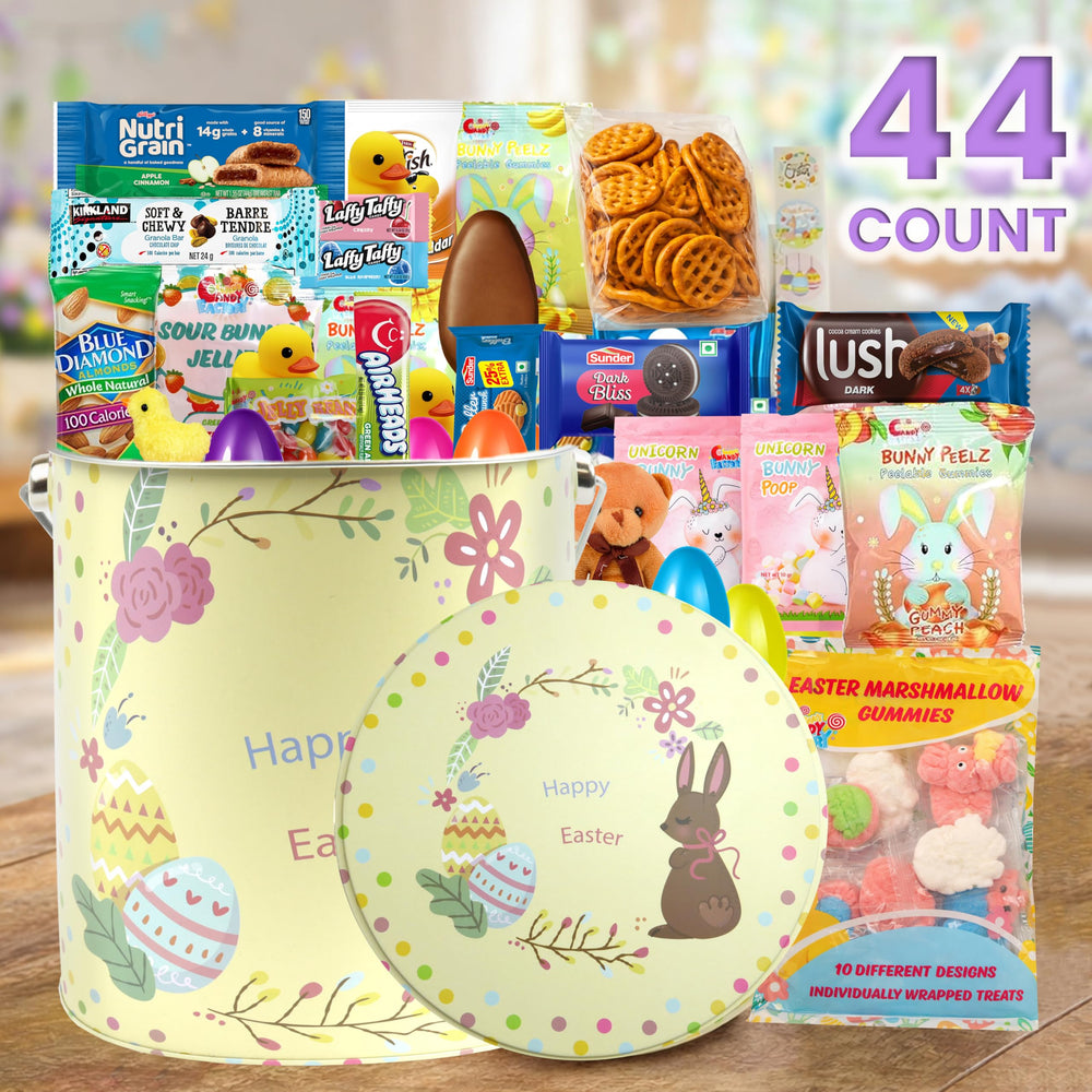 Quality snacks from Eva's Gift Universe showcased in a colorful Easter tin.