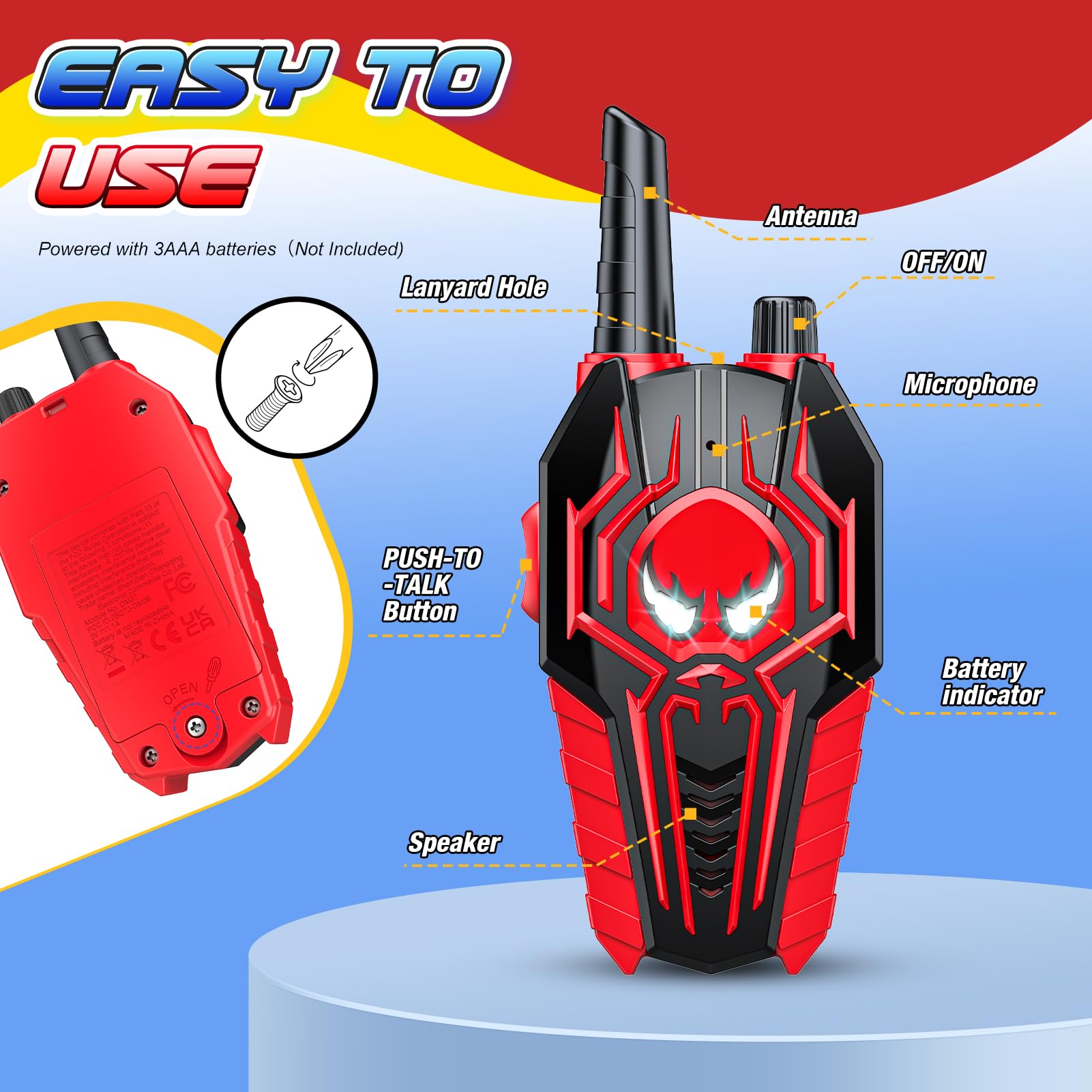 Easy push-to-talk controls simplify play for kids aged 3 and up.