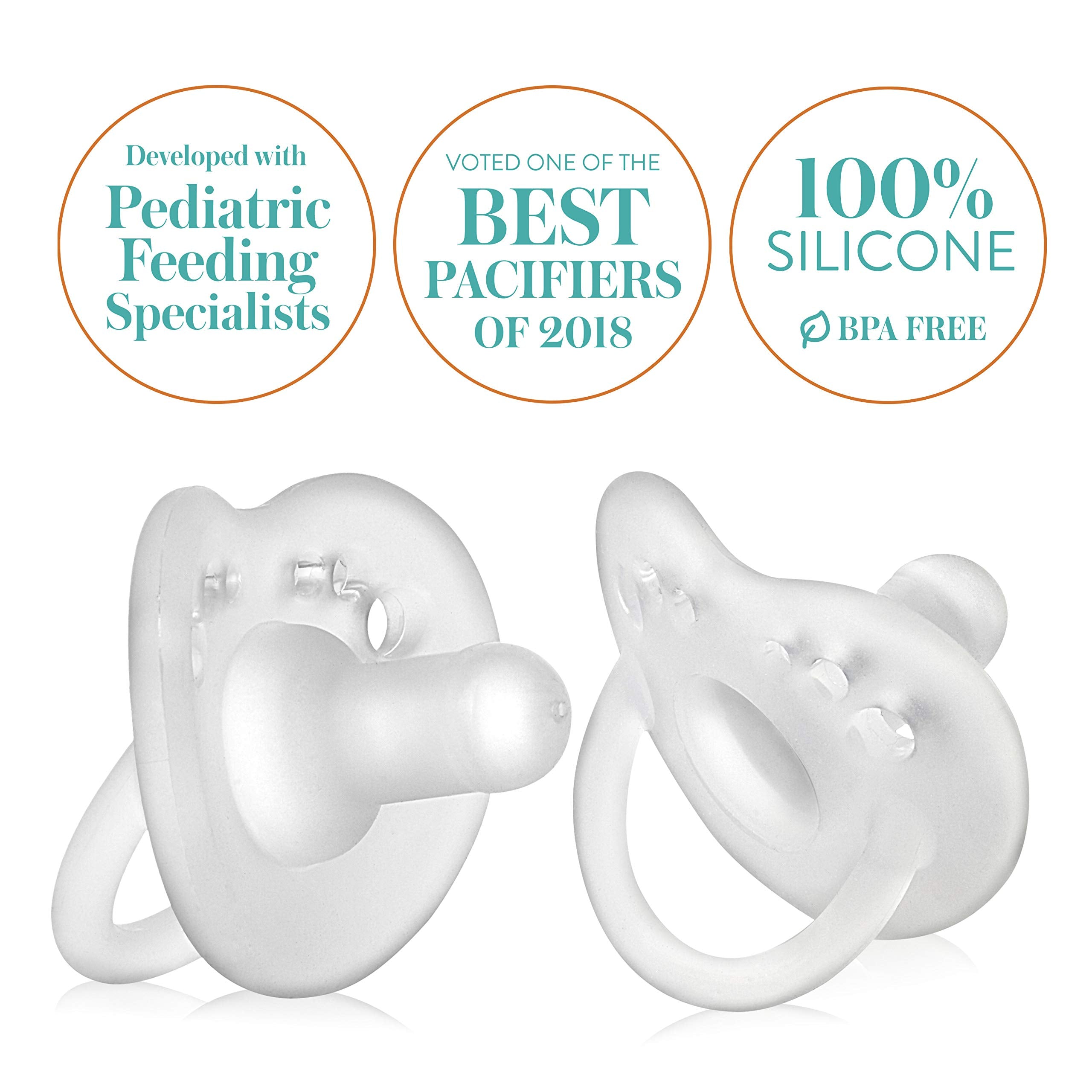 Evenflo Balance Plus pacifier clear close-up on baby mouth supporting calming self-soothing.
