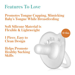 Evenflo Balance Plus pacifier easy-grip handle aids parent and infant handling.