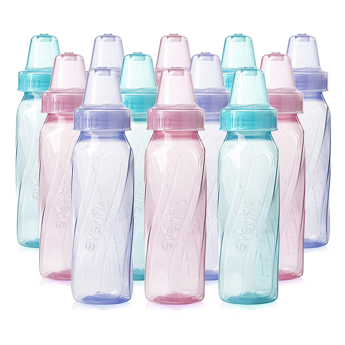 Evenflo Classic Tinted Bottle side view pink, easy to hold during feeding.
