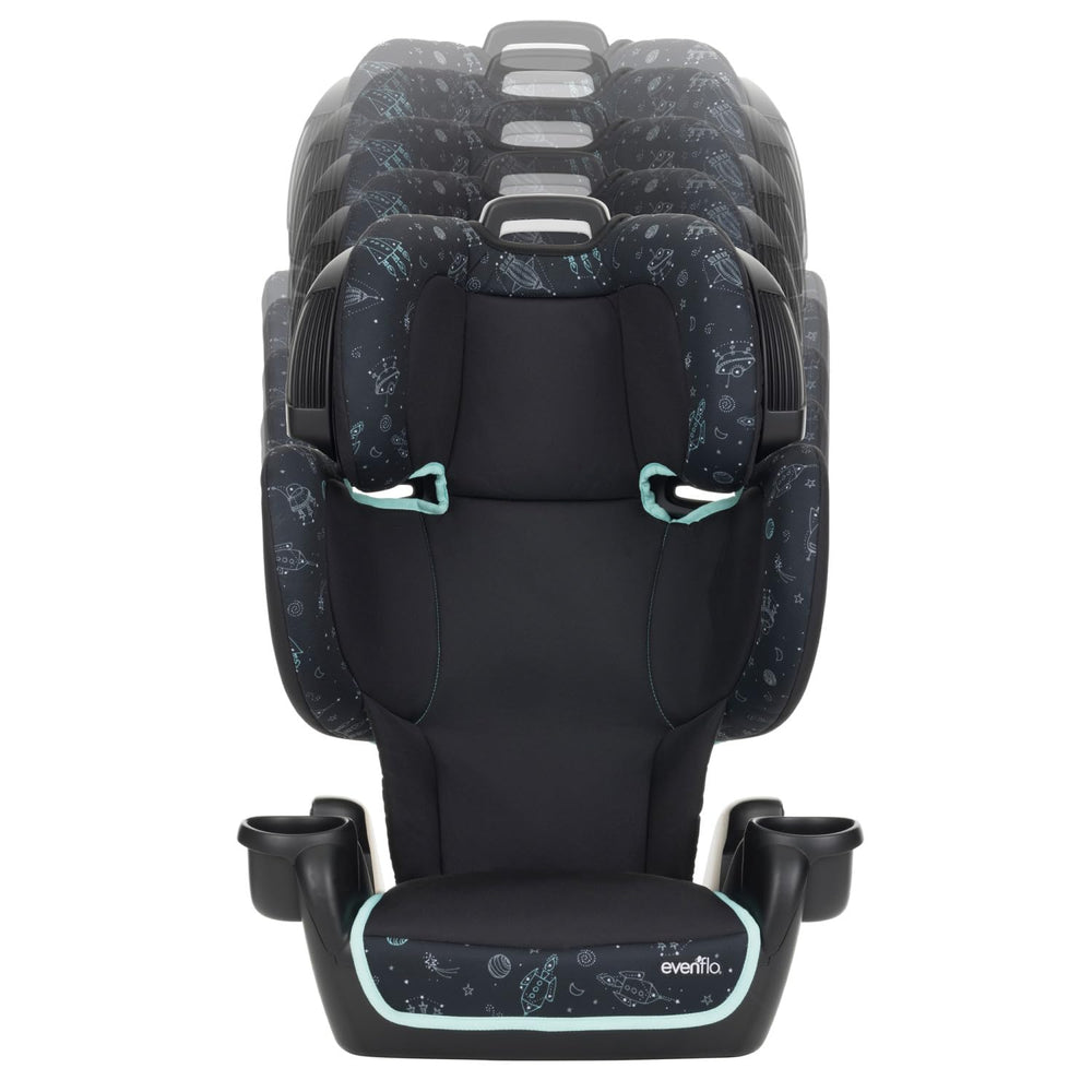 Evenflo GoTime LX booster Astro Blue belt clip demonstrates proper belt positioning.