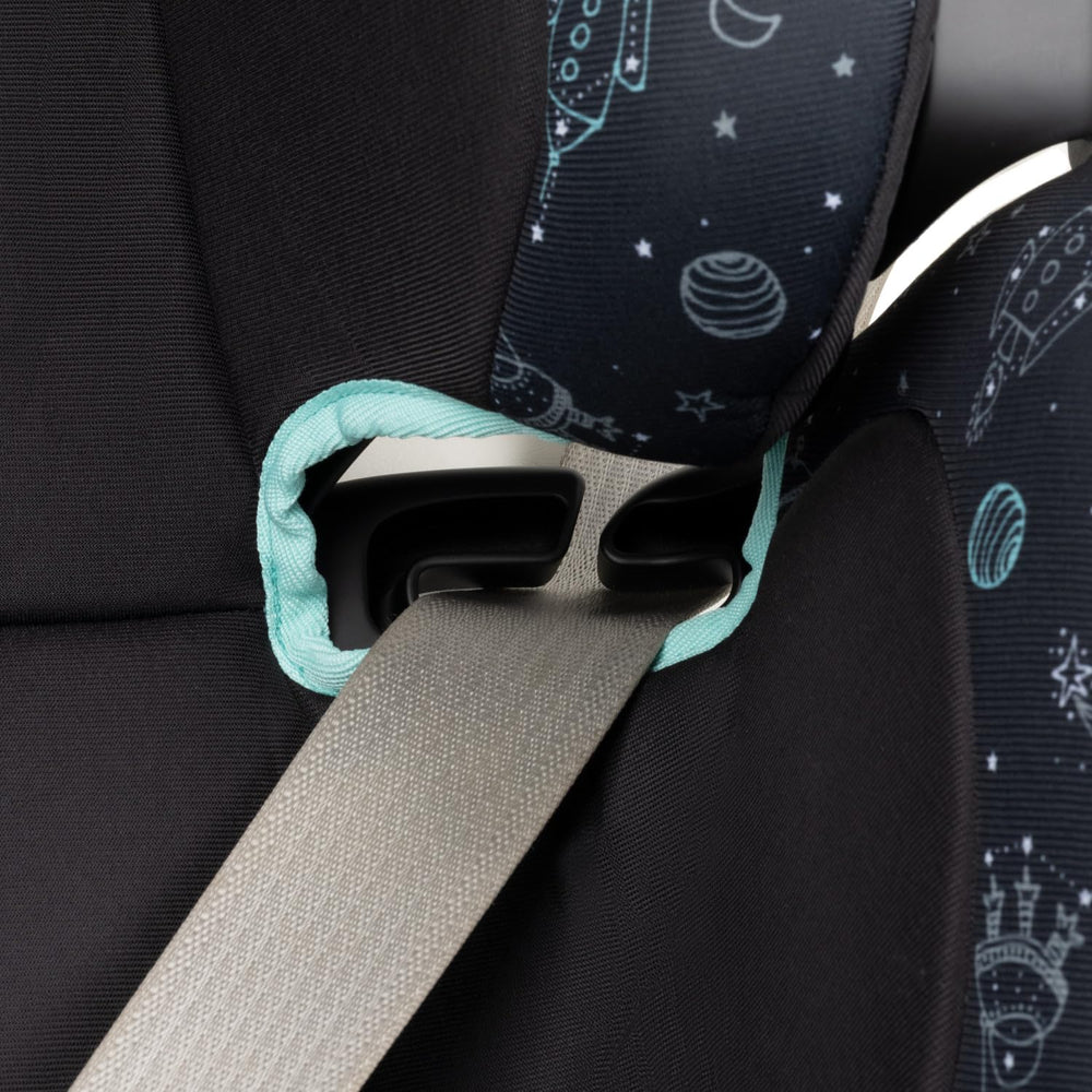 Evenflo GoTime LX booster Astro Blue dual cup holders for snacks on the go.