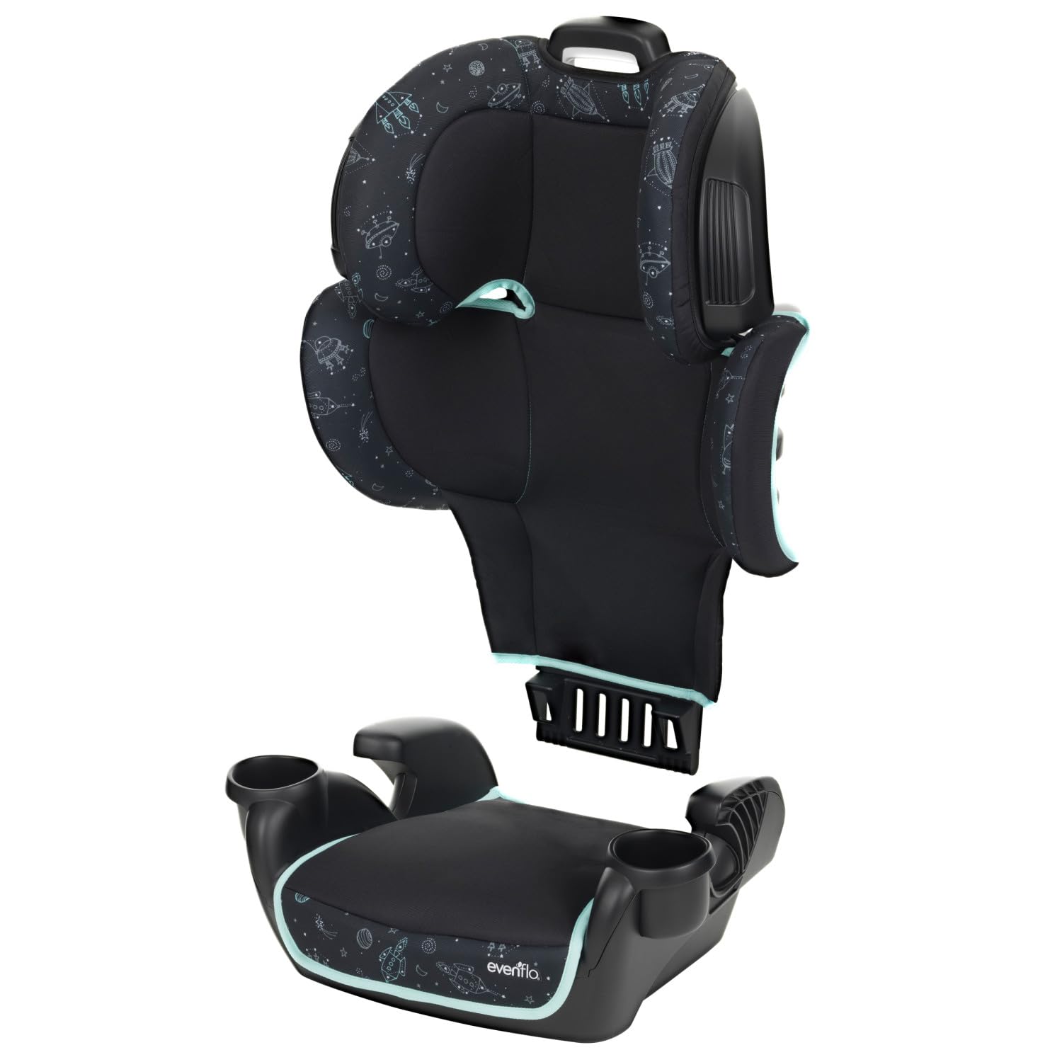 Evenflo GoTime LX booster Astro Blue rear view highlighting belt positioning.