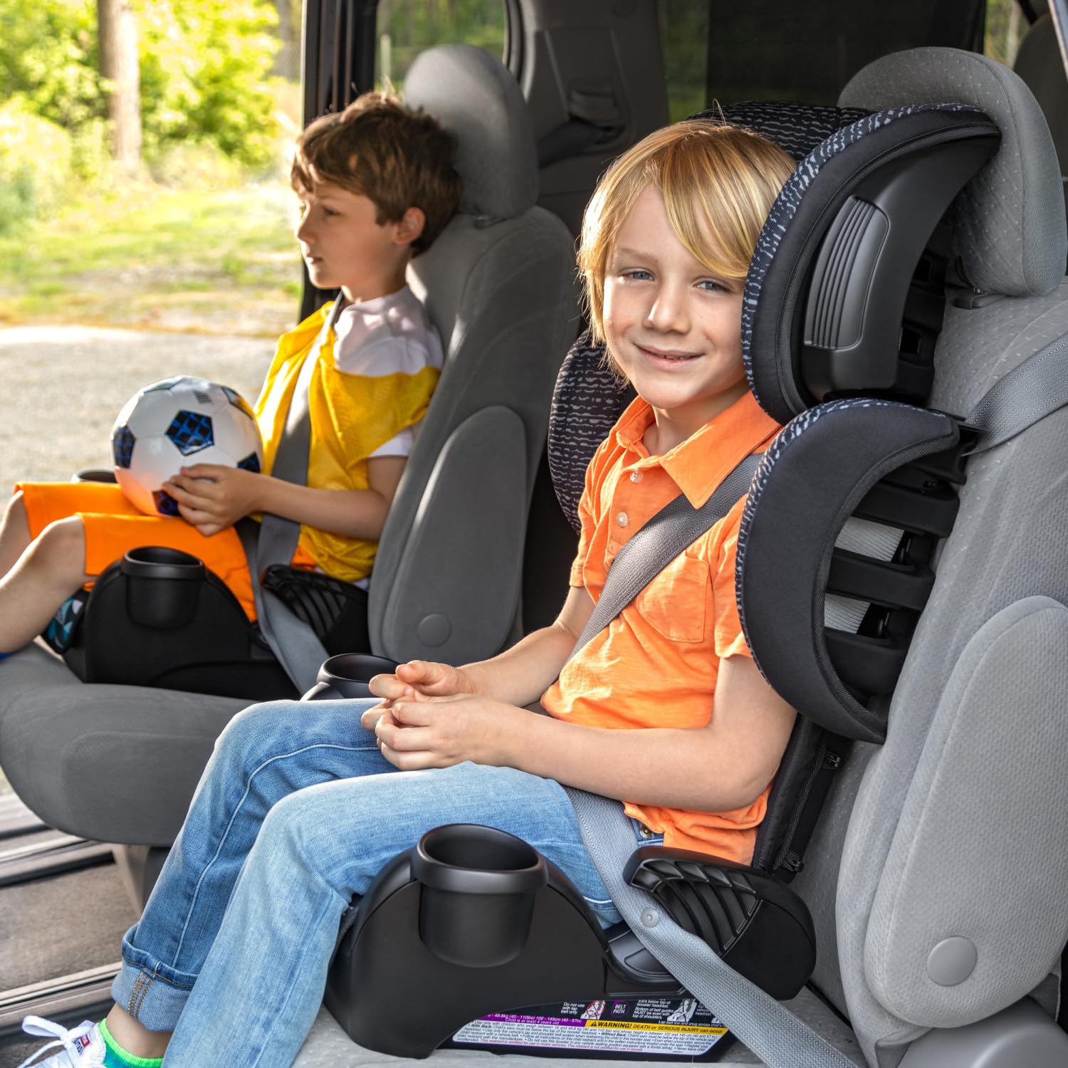 Evenflo GoTime LX booster Astro Blue removable seat cover for easy cleaning.
