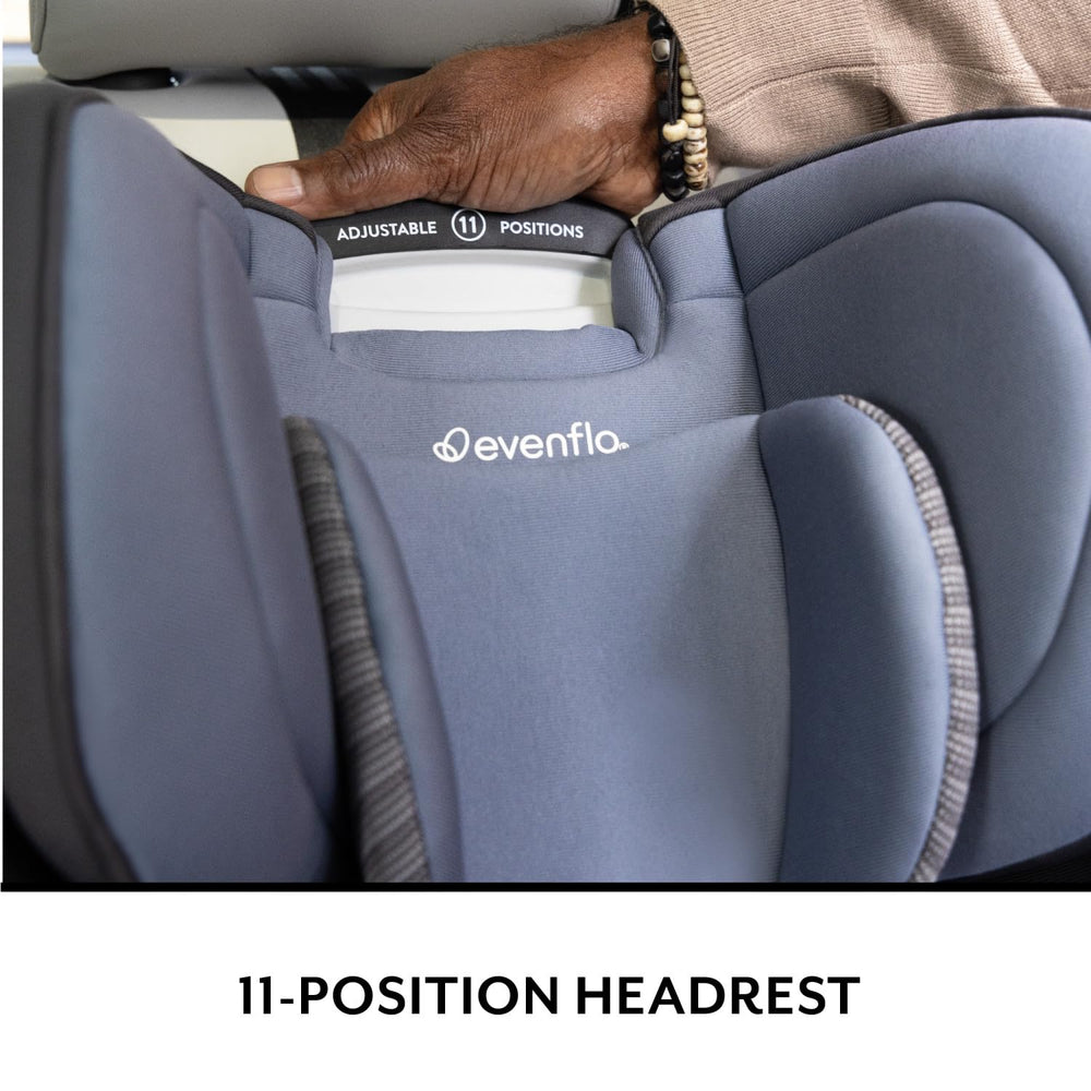 Evenflo REO headrest adjusts with one hand for growing comfort.