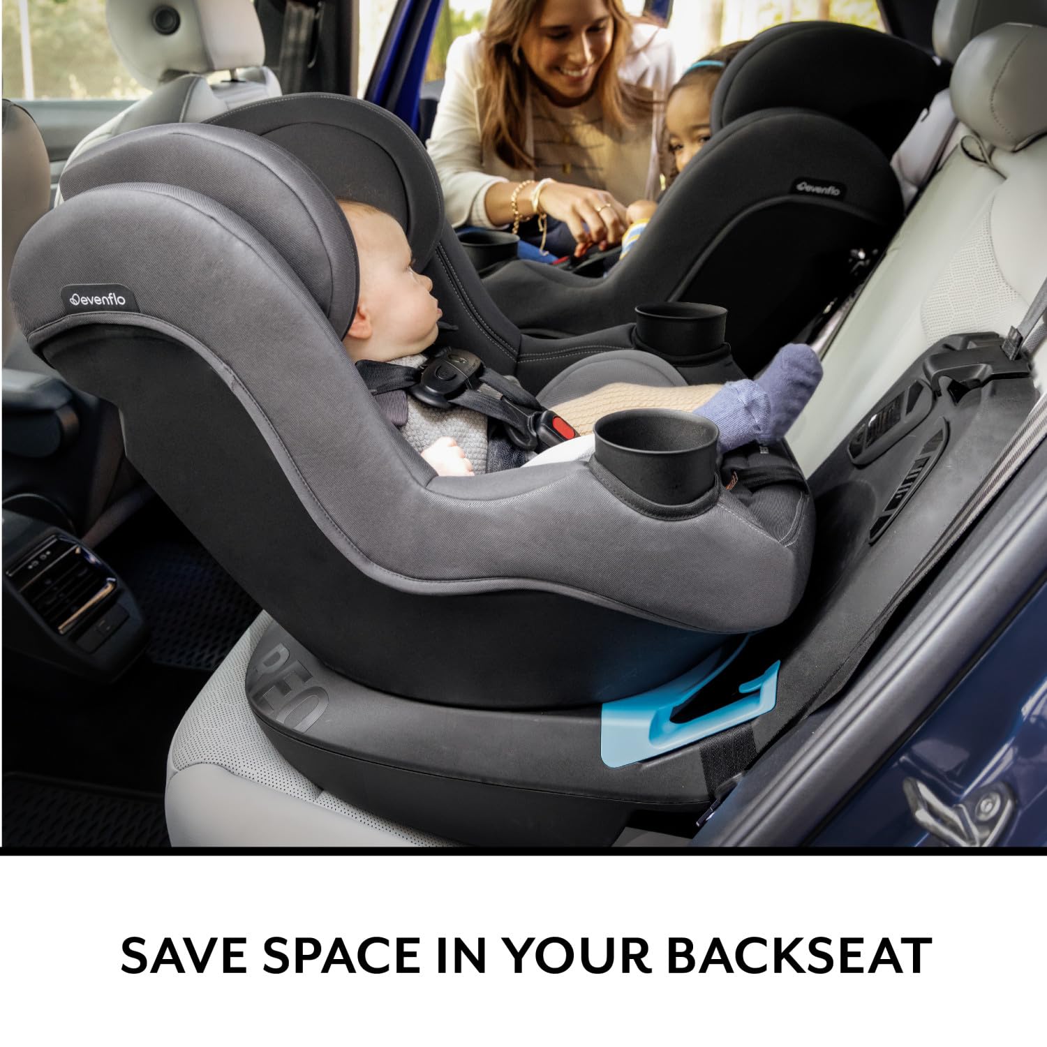 Evenflo REO rear-facing 4-40 lb and forward-facing 30-40 lb growth range.