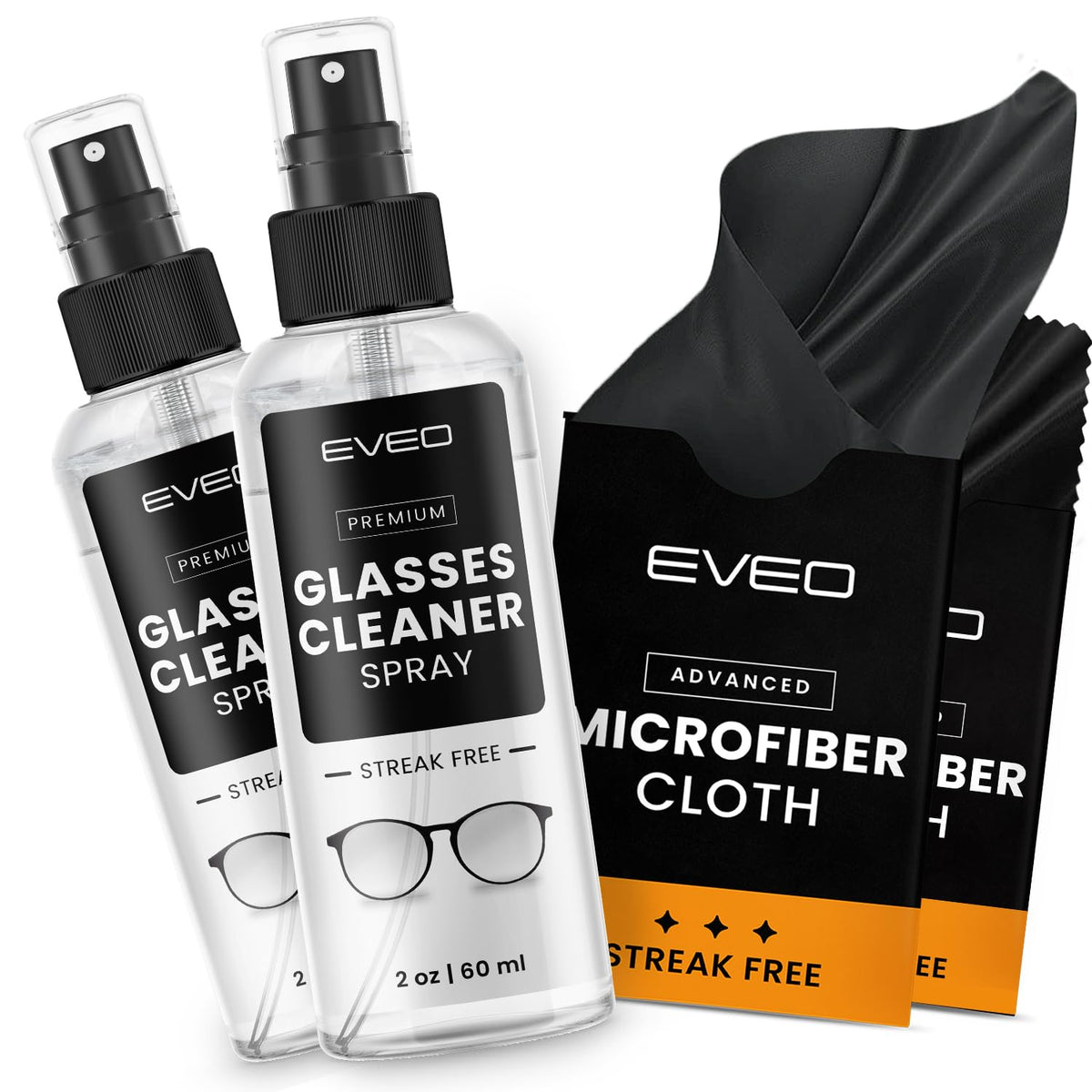 EVEO glass cleaner spray bottle for streak-free lens cleaning.