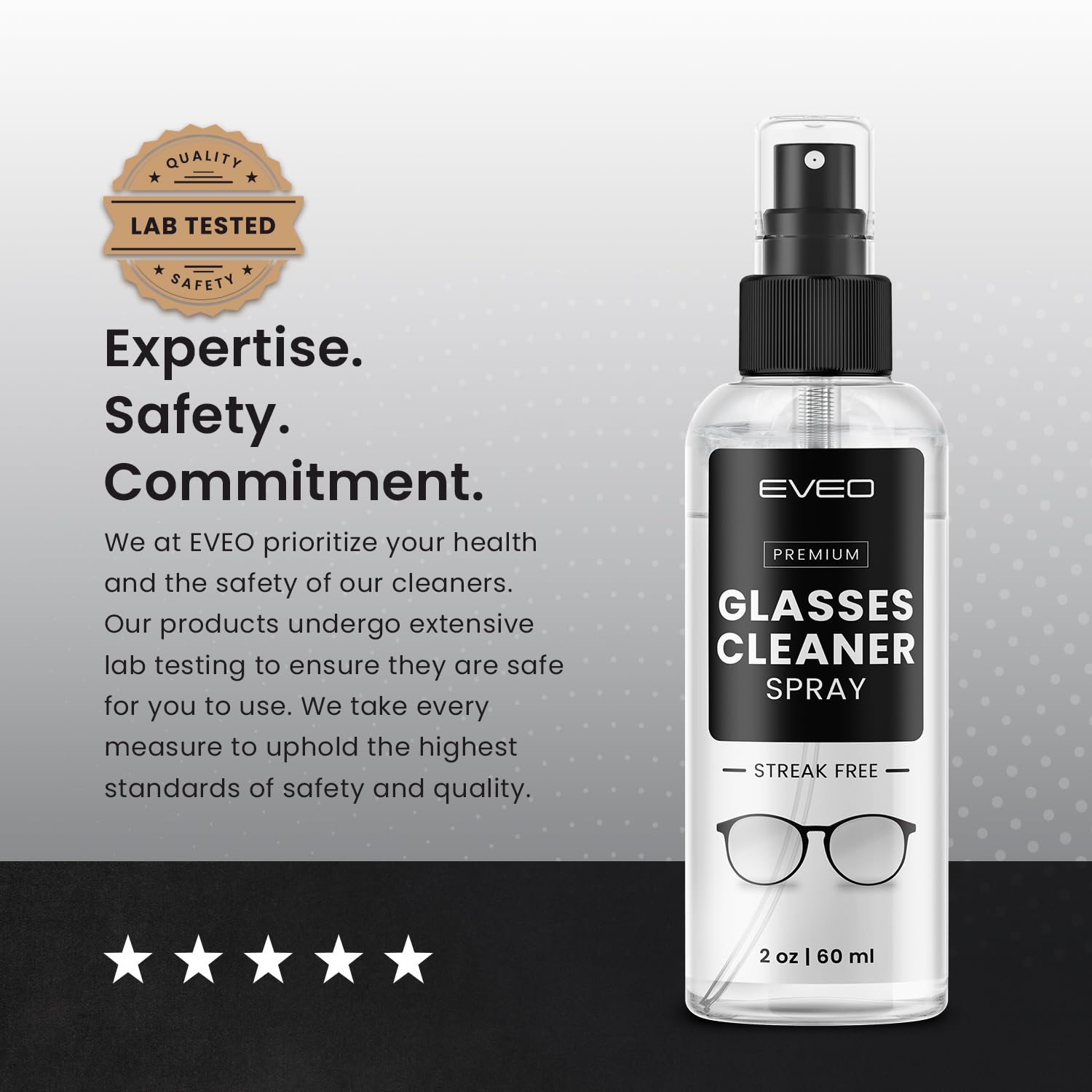 Hands dispensing EVEO spray for quick, streak-free lens cleaning.