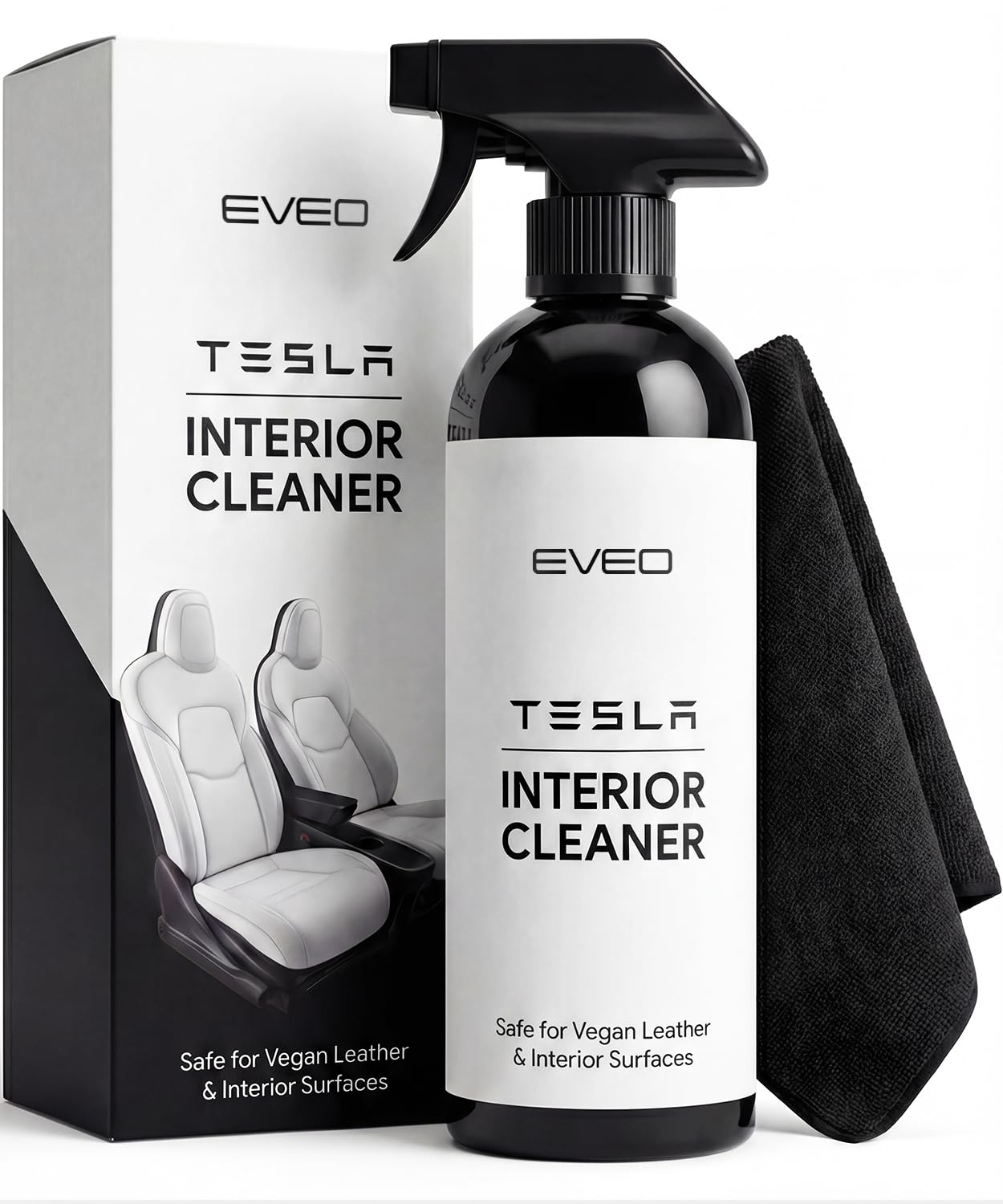 EVEO Tesla interior cleaner bottle pour demonstrates safe vegan leather cleaning.