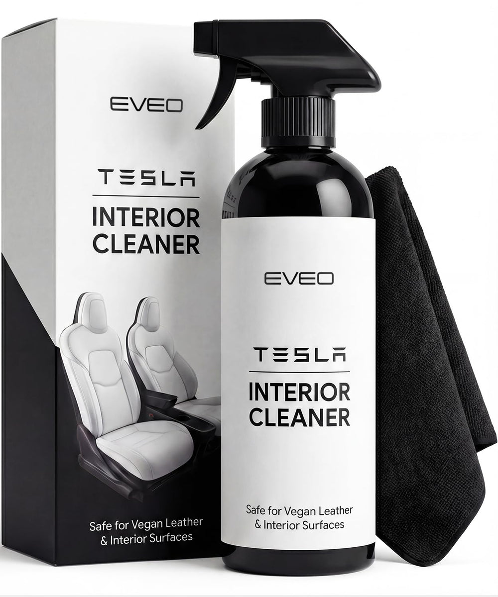 EVEO Tesla interior cleaner bottle pour demonstrates safe vegan leather cleaning.