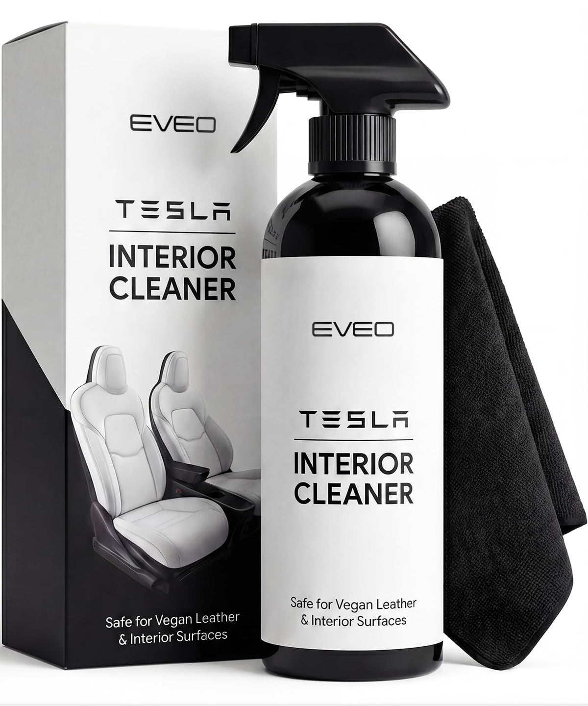 EVEO Tesla interior cleaner bottle pour demonstrates safe vegan leather cleaning.