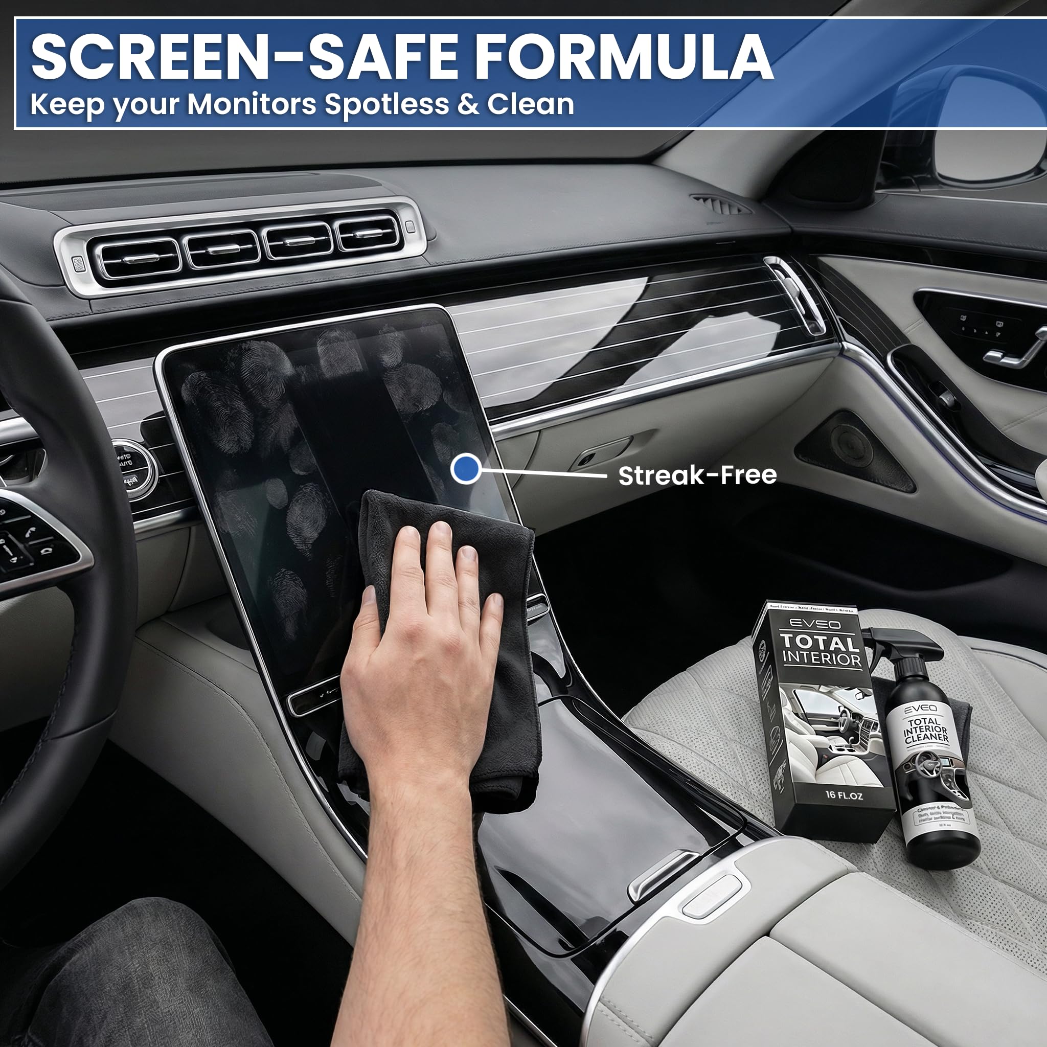 EVEO Total Car Interior Cleaner Kit leather cleaning on seats removes grime without harming texture.