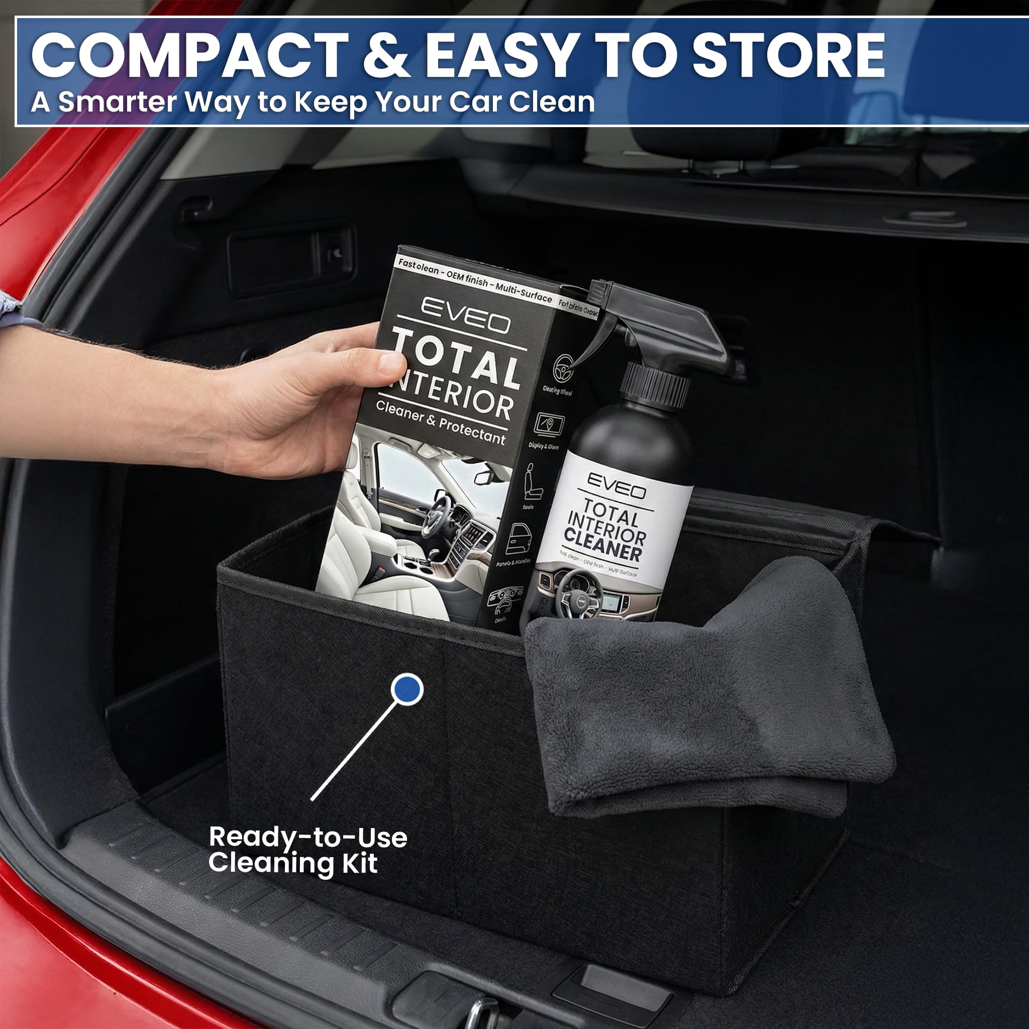 EVEO Total Car Interior Cleaner Kit multi-surface cleaning for leather, vinyl, and plastic.