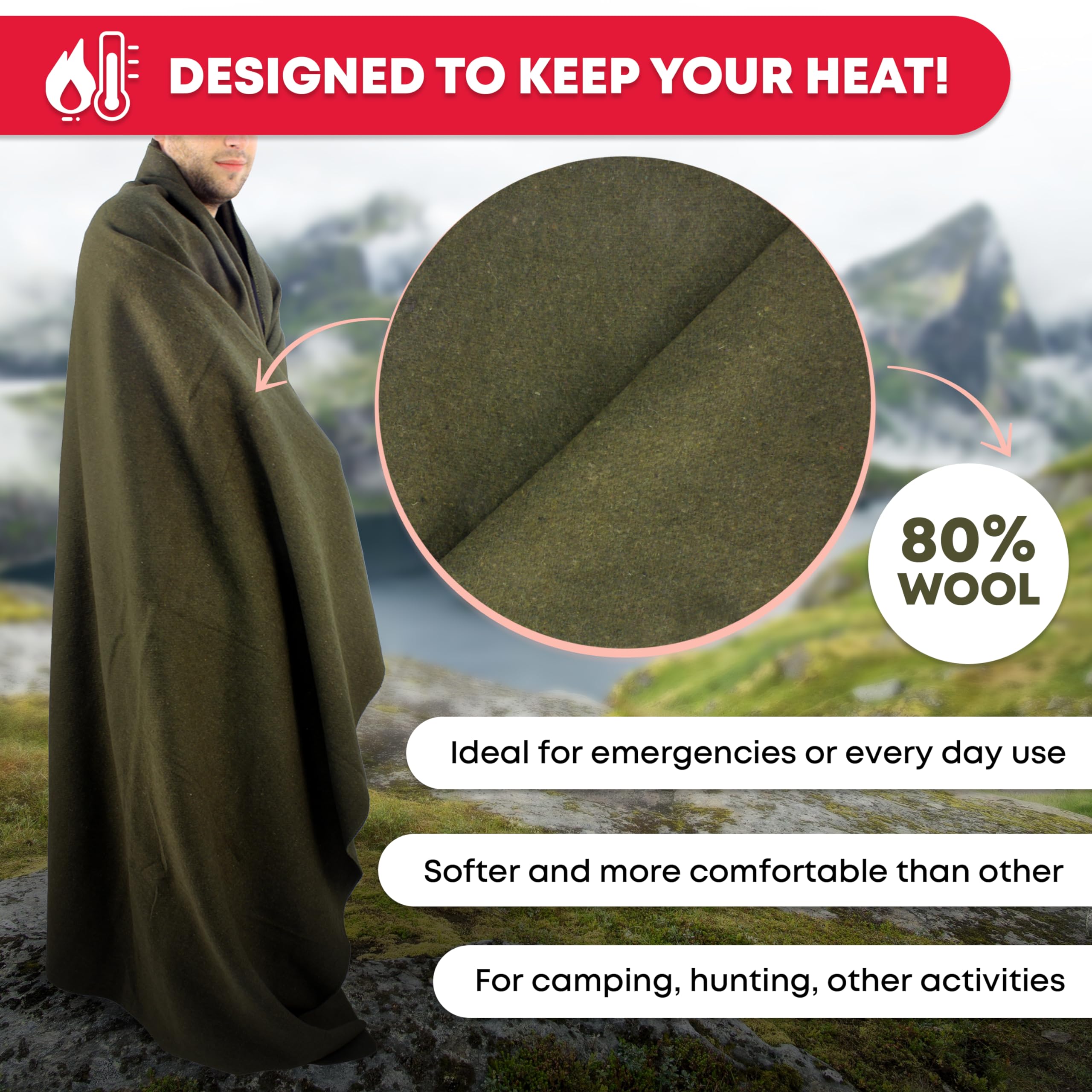 Ever Ready First Aid olive drab blanket campfire scene shows fire retardant warmth.