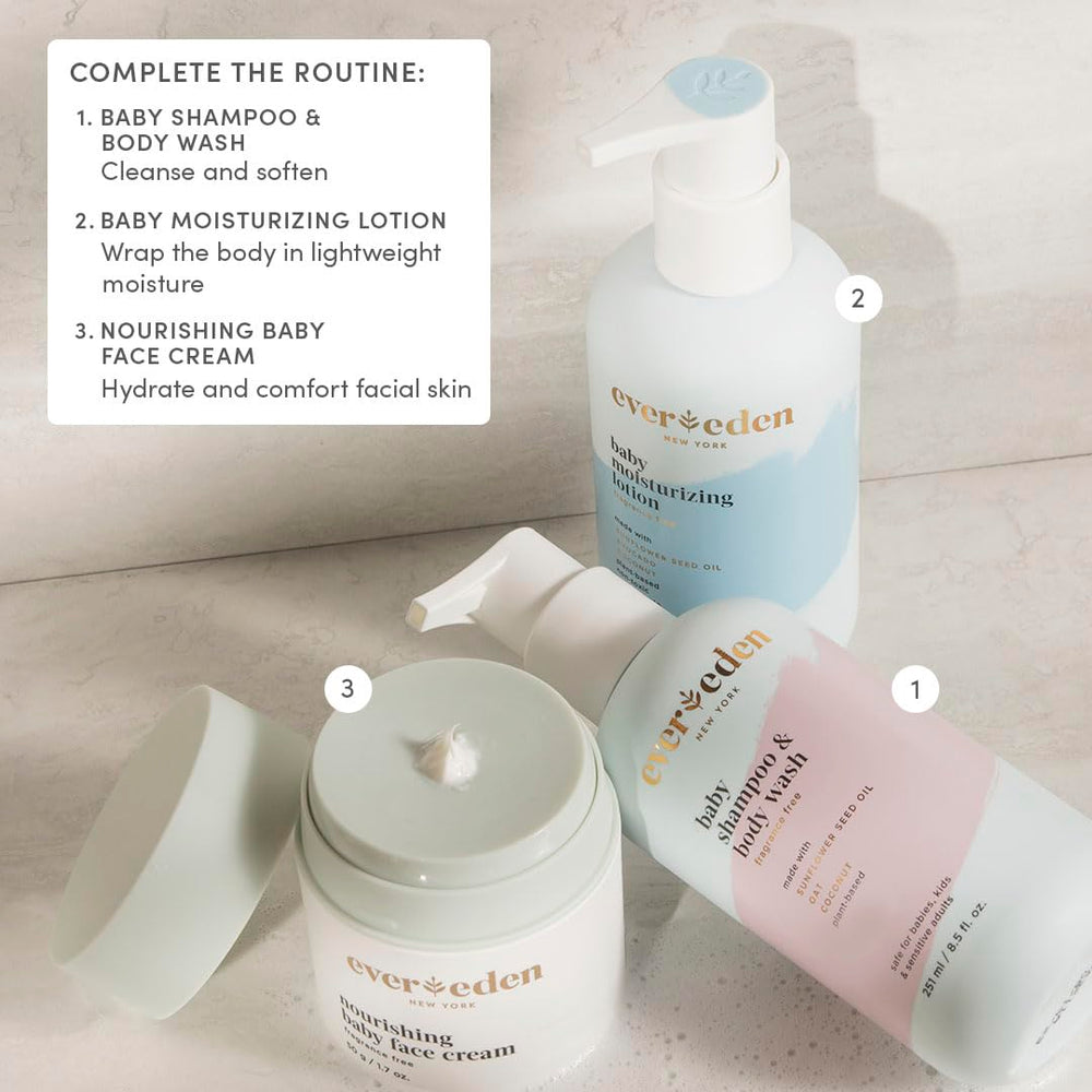 Evereden shampoo pour shows easy lather for quick, gentle bath time.