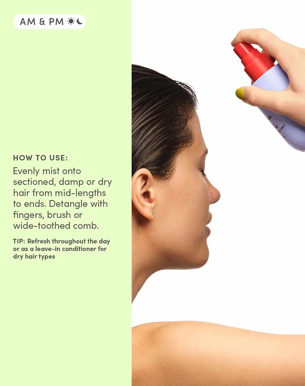 Evereden Detangler Spray applied for deep hydration with aloe.