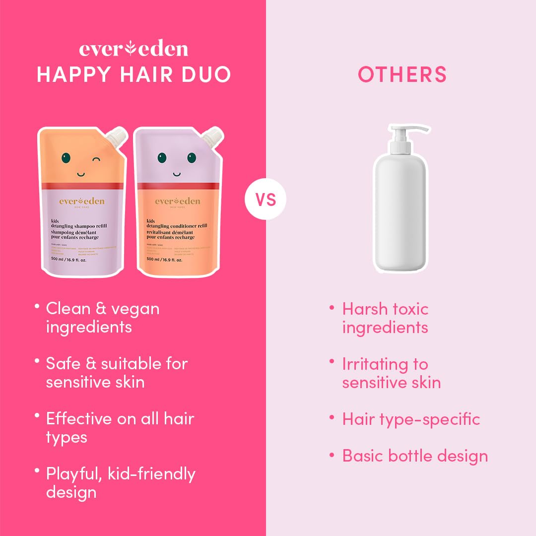 Evereden Kids Conditioner label close-up highlights safe, plant-based care for young hair.