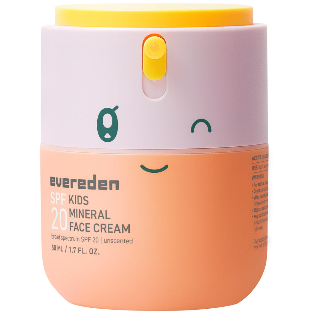 Evereden Kids Face Cream bottle front showing fragrance-free SPF protection for daily use.