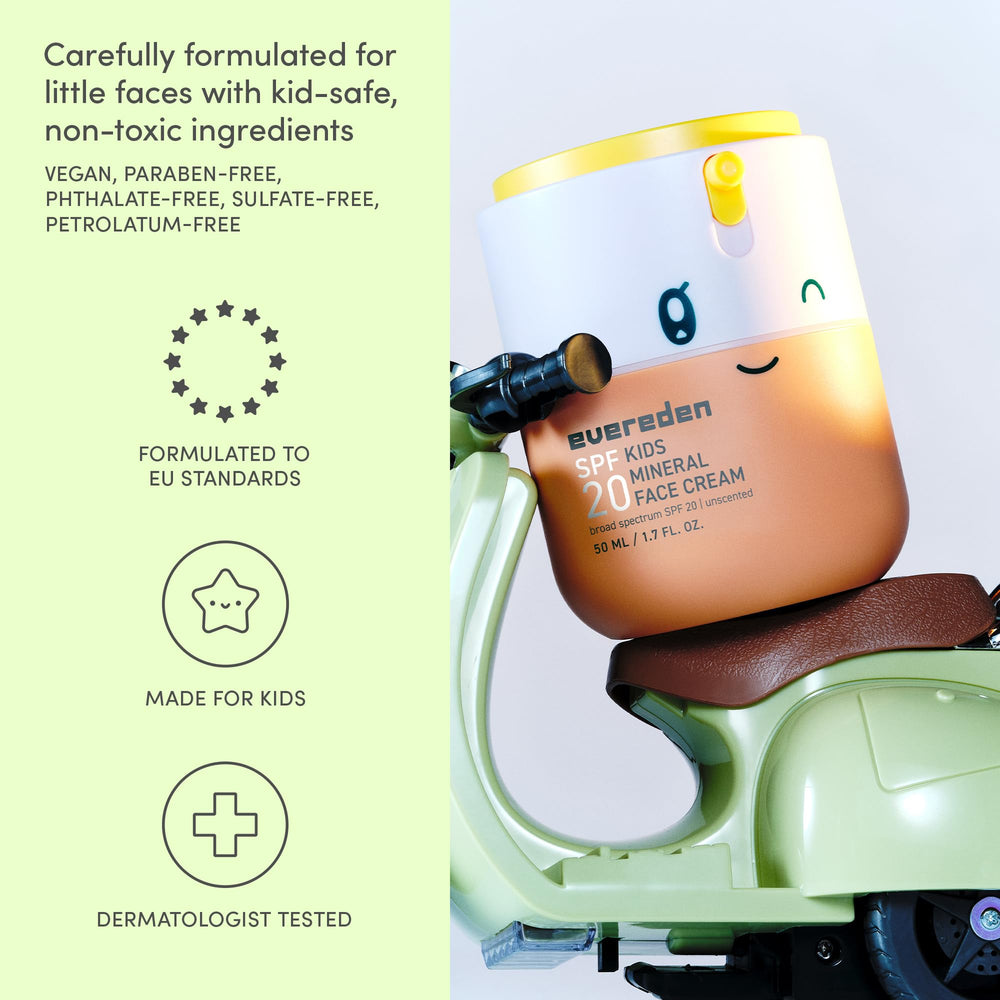 Applying Evereden mineral SPF 20 sunscreen on a child's cheek.