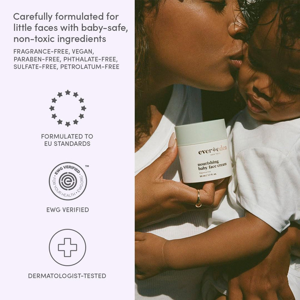 Ingredient label of Evereden Nourishing Baby Face Cream highlights clean oils for sensitive skin