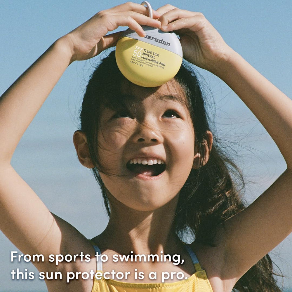 Evereden SPF50 Fluid Silk beach scene highlighting sun protection for kids