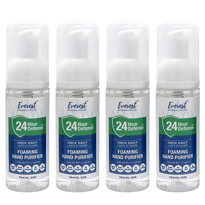 Everest 24-Hour Defense foaming hand sanitizer bottle showing fragrance-free, skin-friendly design.