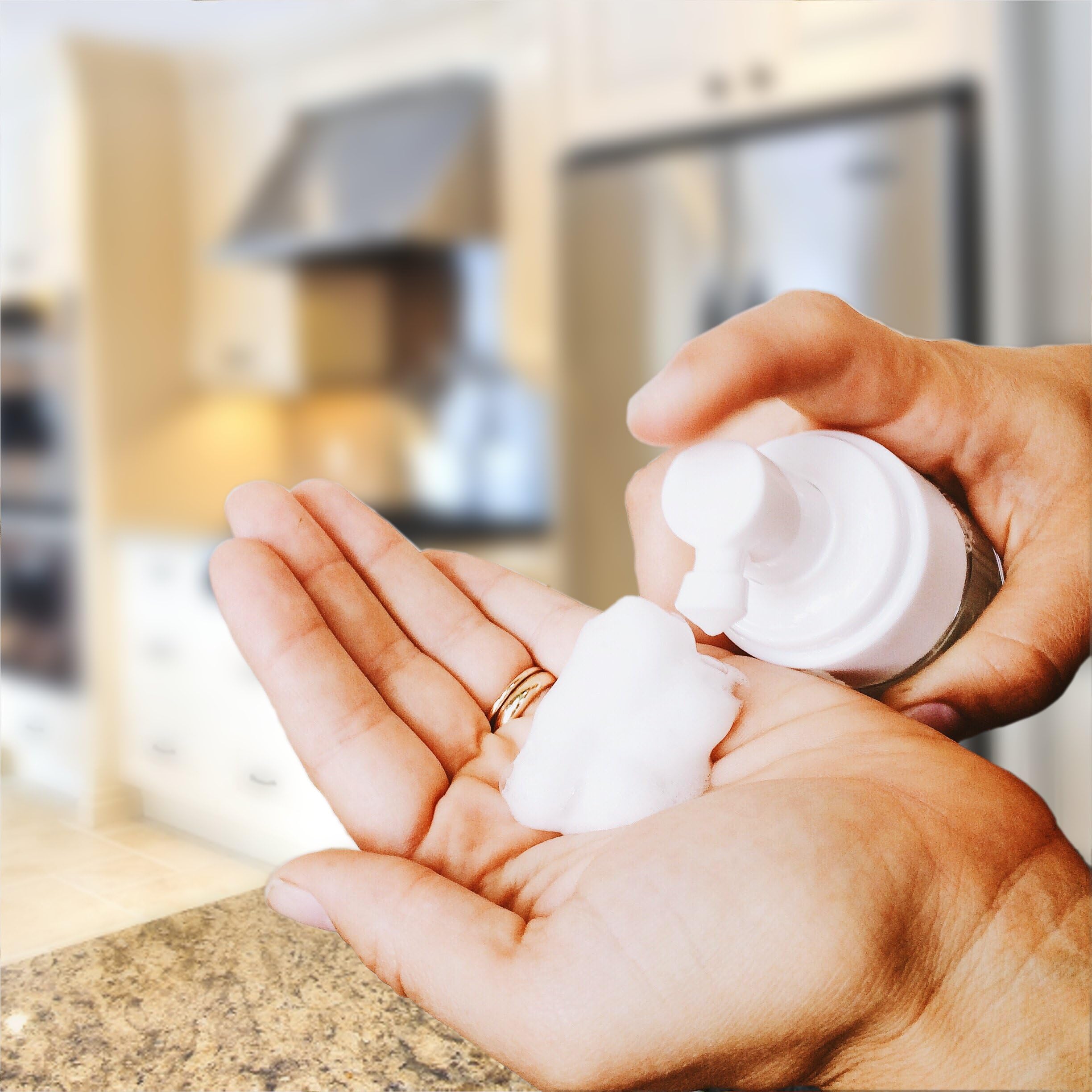 Close-up of rich foam from Everest hand sanitizer emphasizing non-sticky finish.