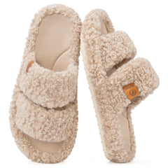 EverFoams women's fuzzy open-toe slippers on foot for cozy indoor comfort.