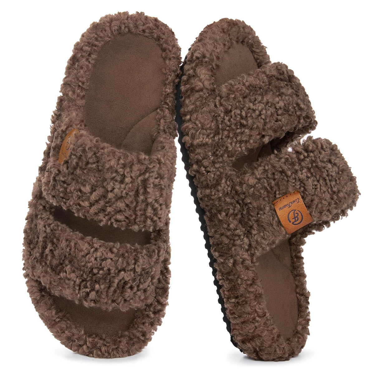 EverFoams womens fuzzy slippers double strap closeup for cozy lounging at home