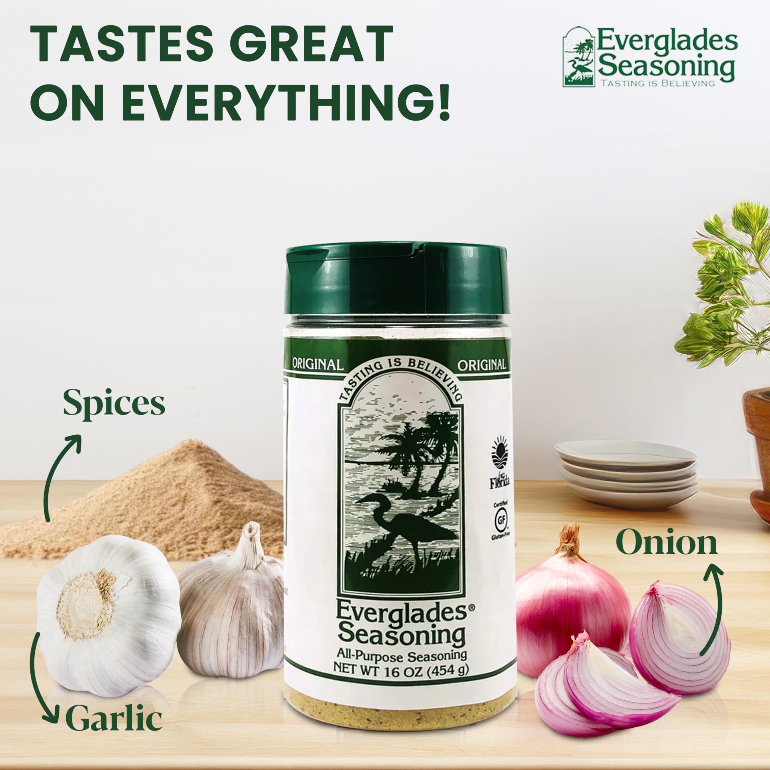 Everglades All Purpose Seasoning label closeup highlights gluten-free and pesticide-free notes