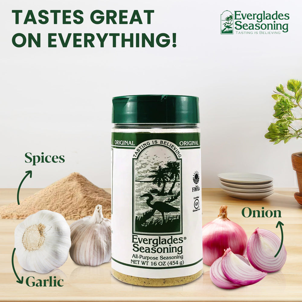 Everglades All Purpose Seasoning label closeup highlights gluten-free and pesticide-free notes