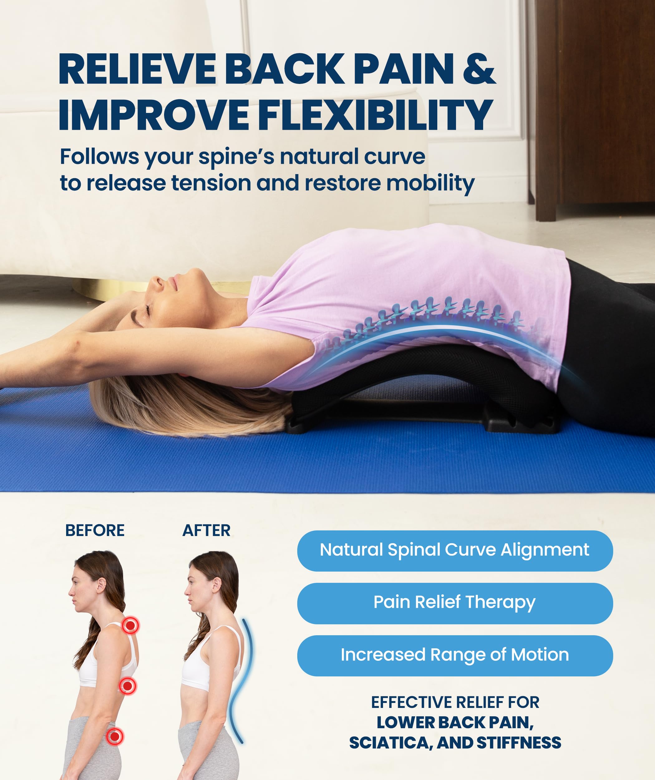 Close-up of Everlasting Comfort Lumbar Stretcher with 88 acupressure nodes for targeted back relief.