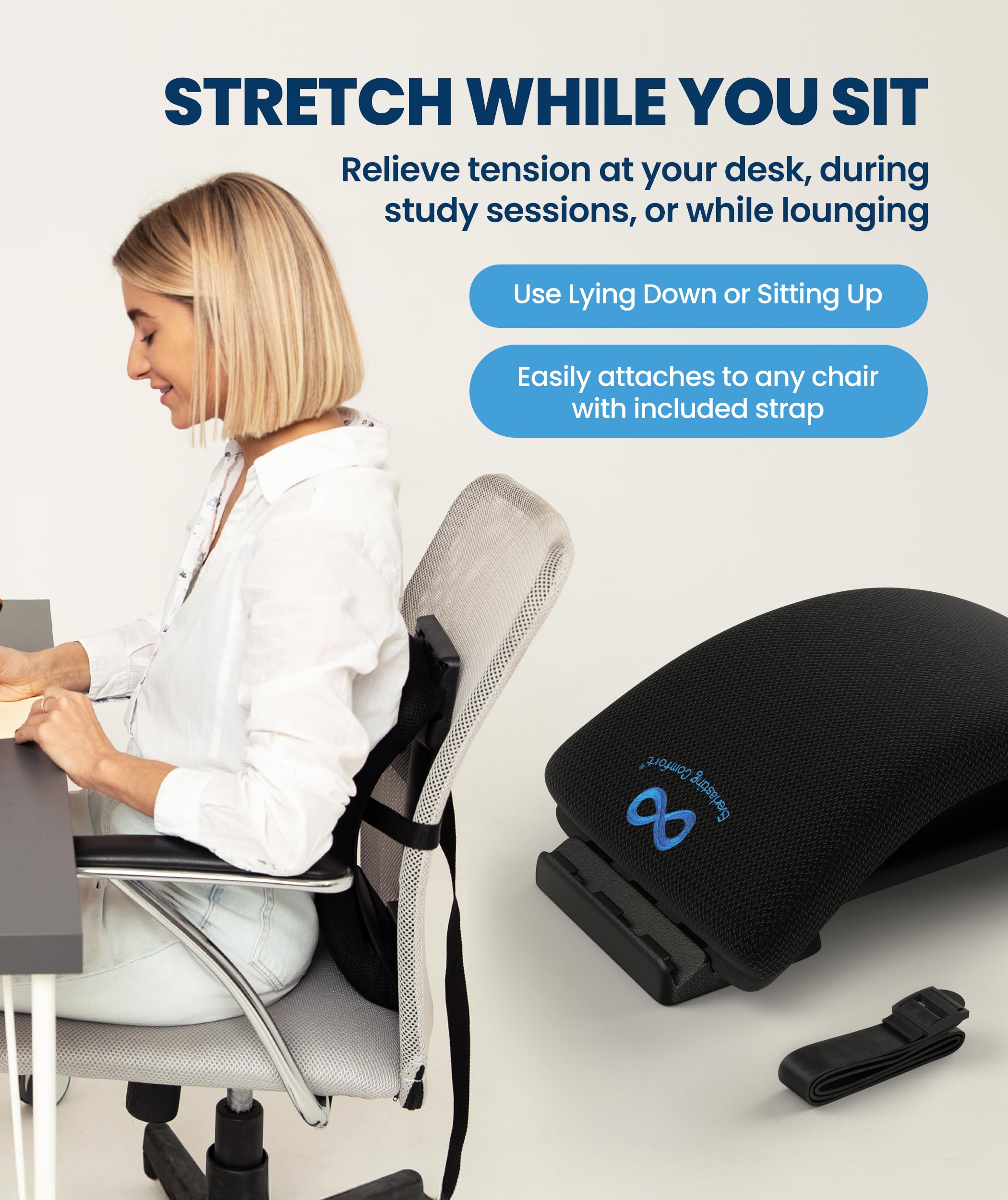 Everlasting Comfort Lumbar Stretcher foam pad and soft traction strip for comfort.