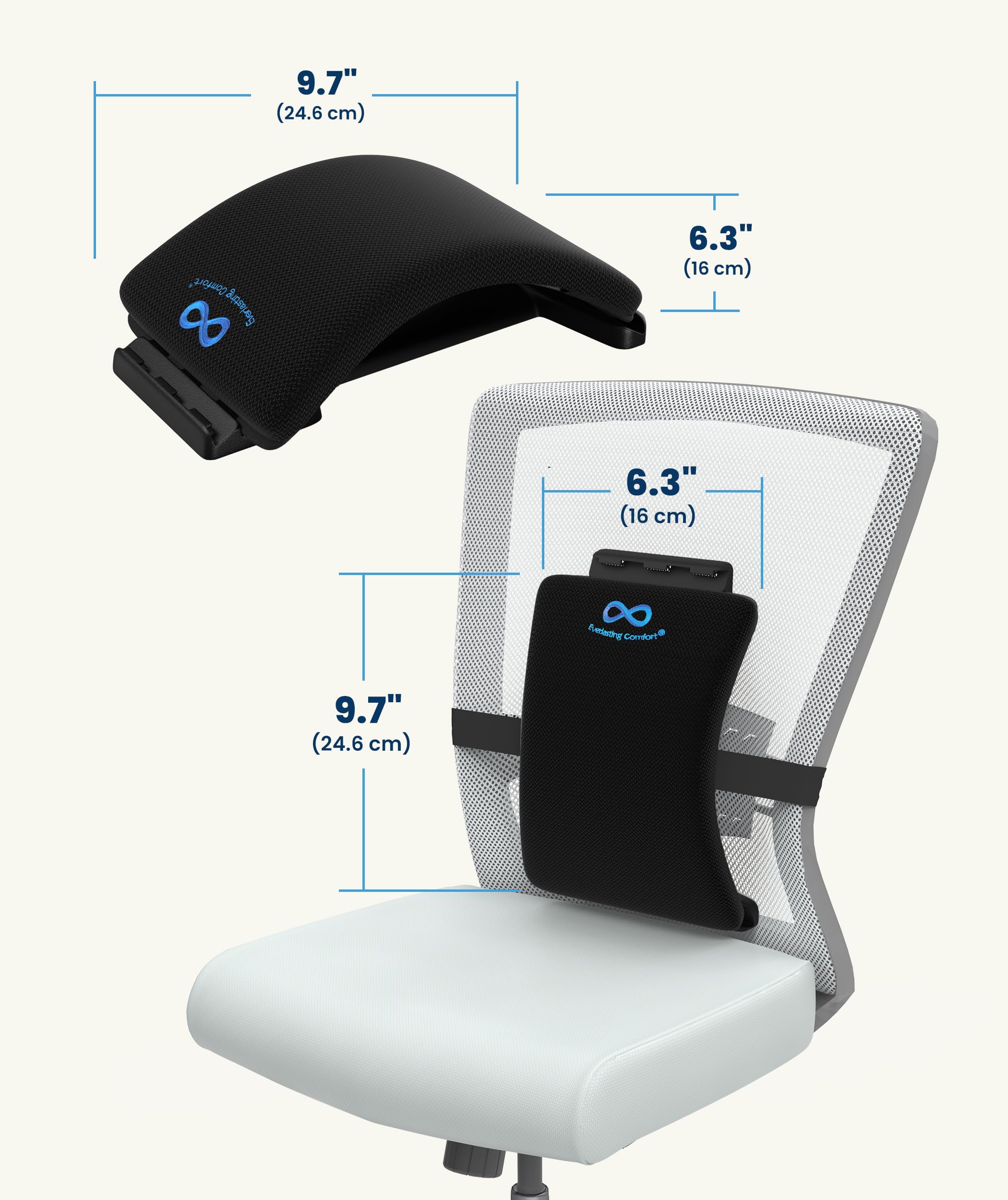 Everlasting Comfort Lumbar Stretcher shown for home and office use on a chair.