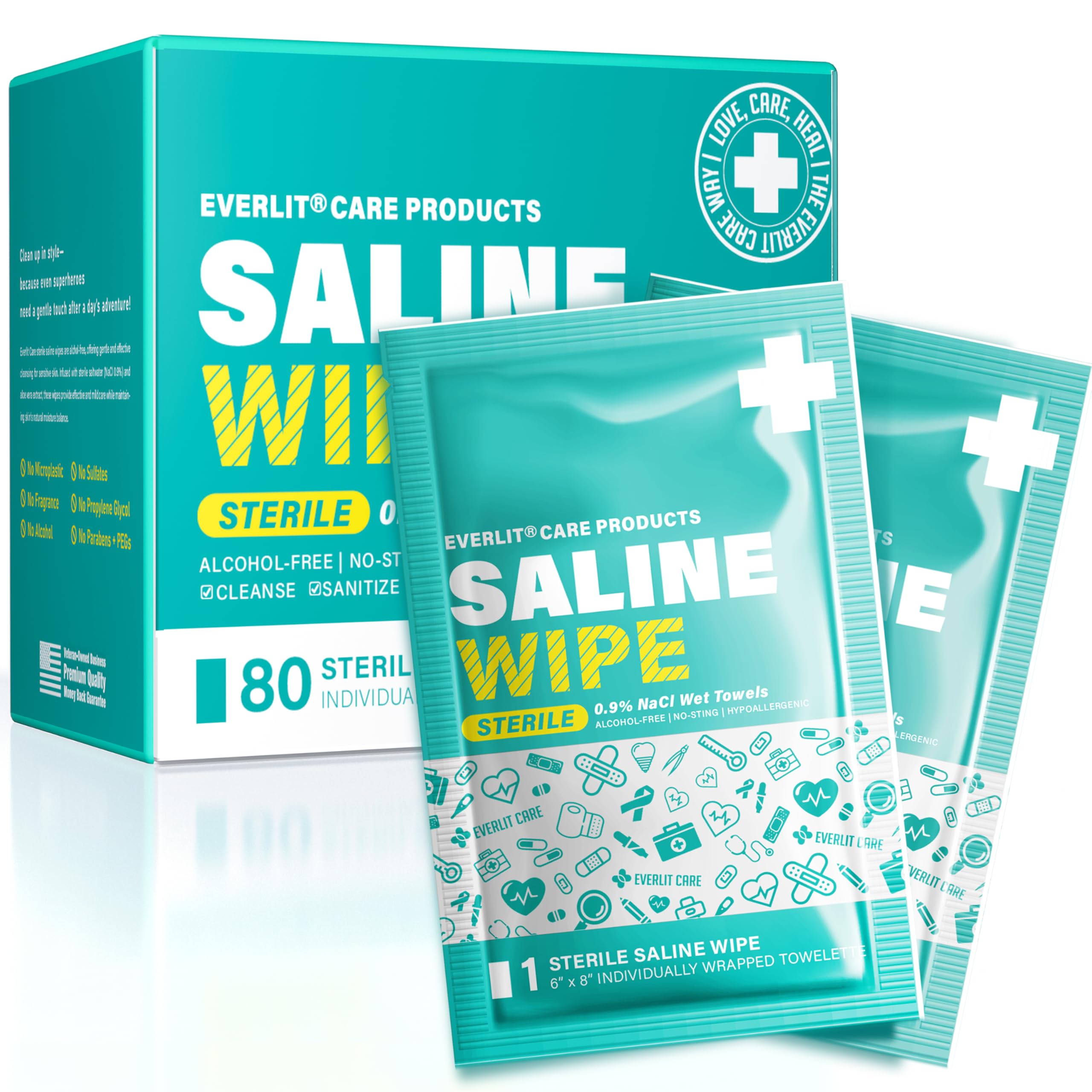 Everlit Care saline wipes pack 80 pcs, gentle cleansing for sensitive skin.
