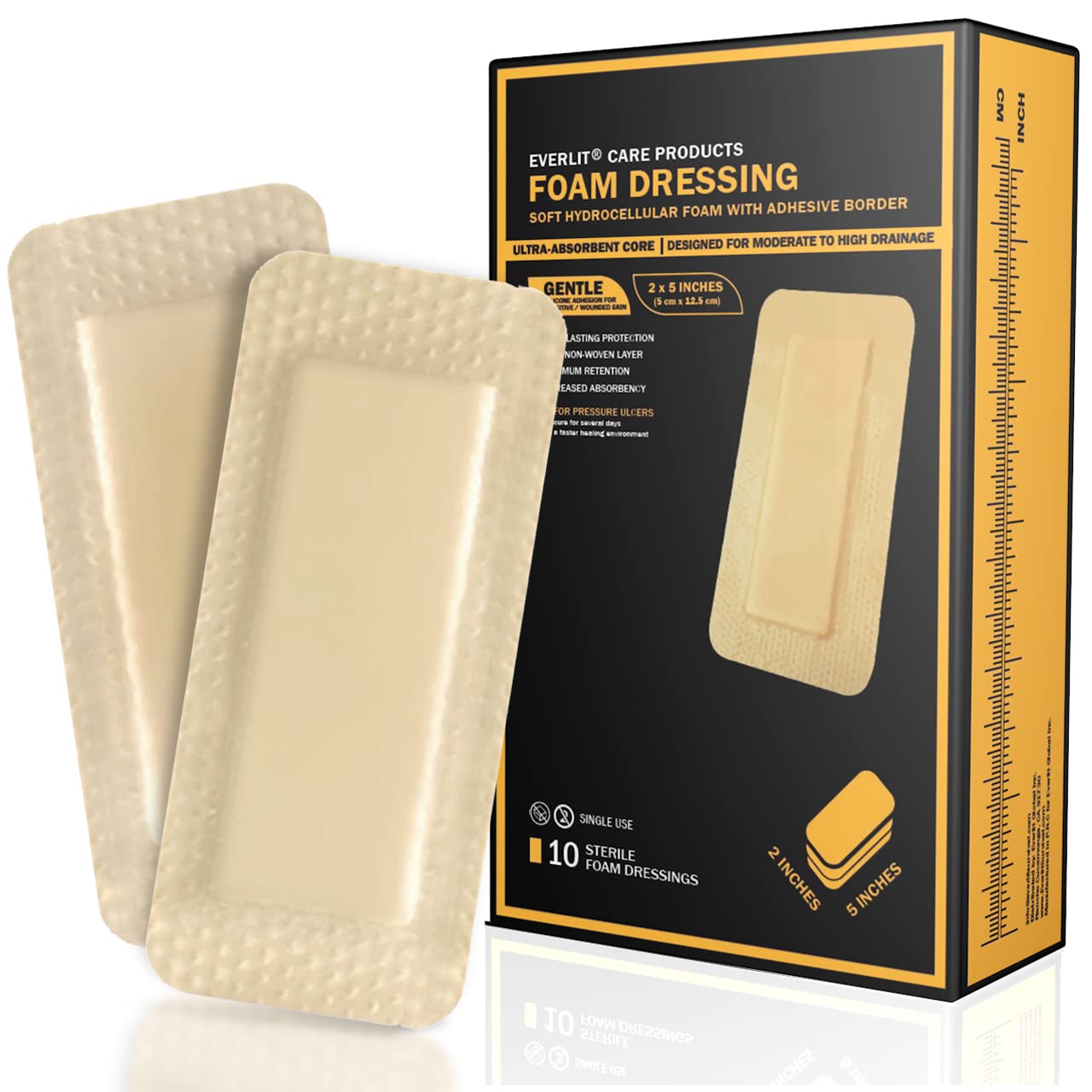 EVERLIT Care silicone foam dressing with adhesive border for secure 2x5 inch coverage and comfort.