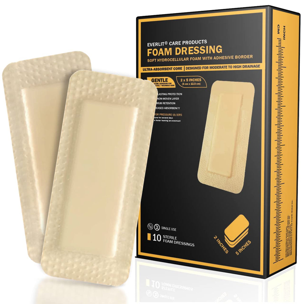 EVERLIT Care silicone foam dressing with adhesive border for secure 2x5 inch coverage and comfort.