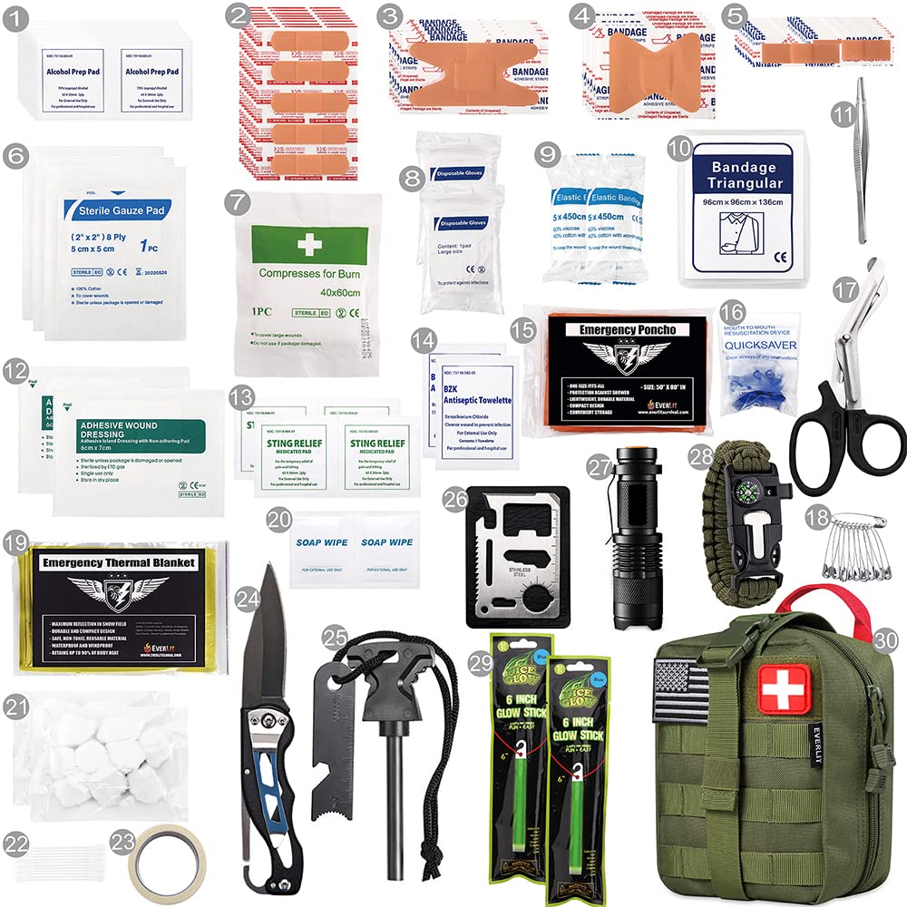 EVERLIT survival kit contents neatly organized inside the pouch
