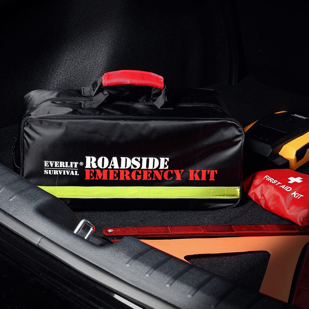 Everlit roadside poncho and reflective triangle for visibility and weather protection.
