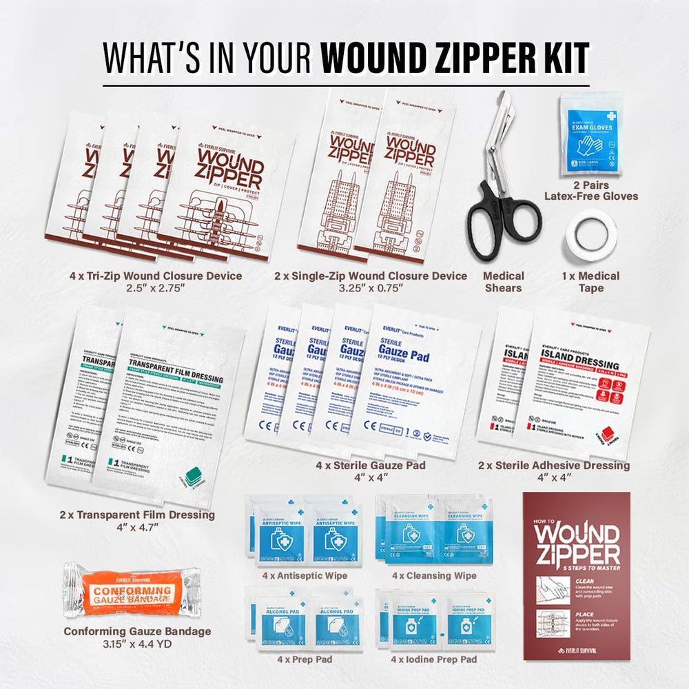 EverLIT Wound Closure Kit sterile dressings protect wounds during outdoor activities.