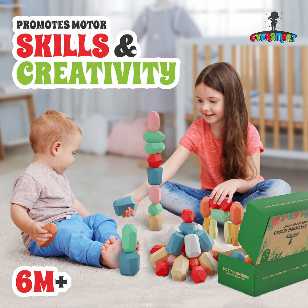 EVERSMART wooden blocks with multi-angled designs support creativity and problem solving.