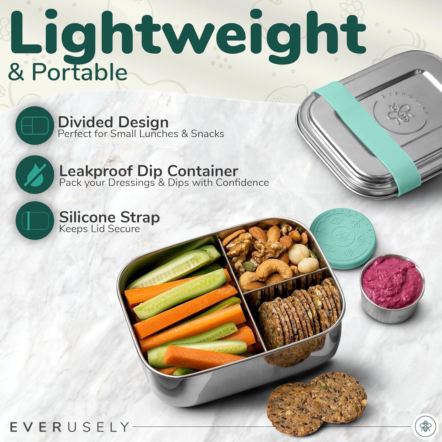 Everusely Bento Box Green sauce container included for dressings and dips