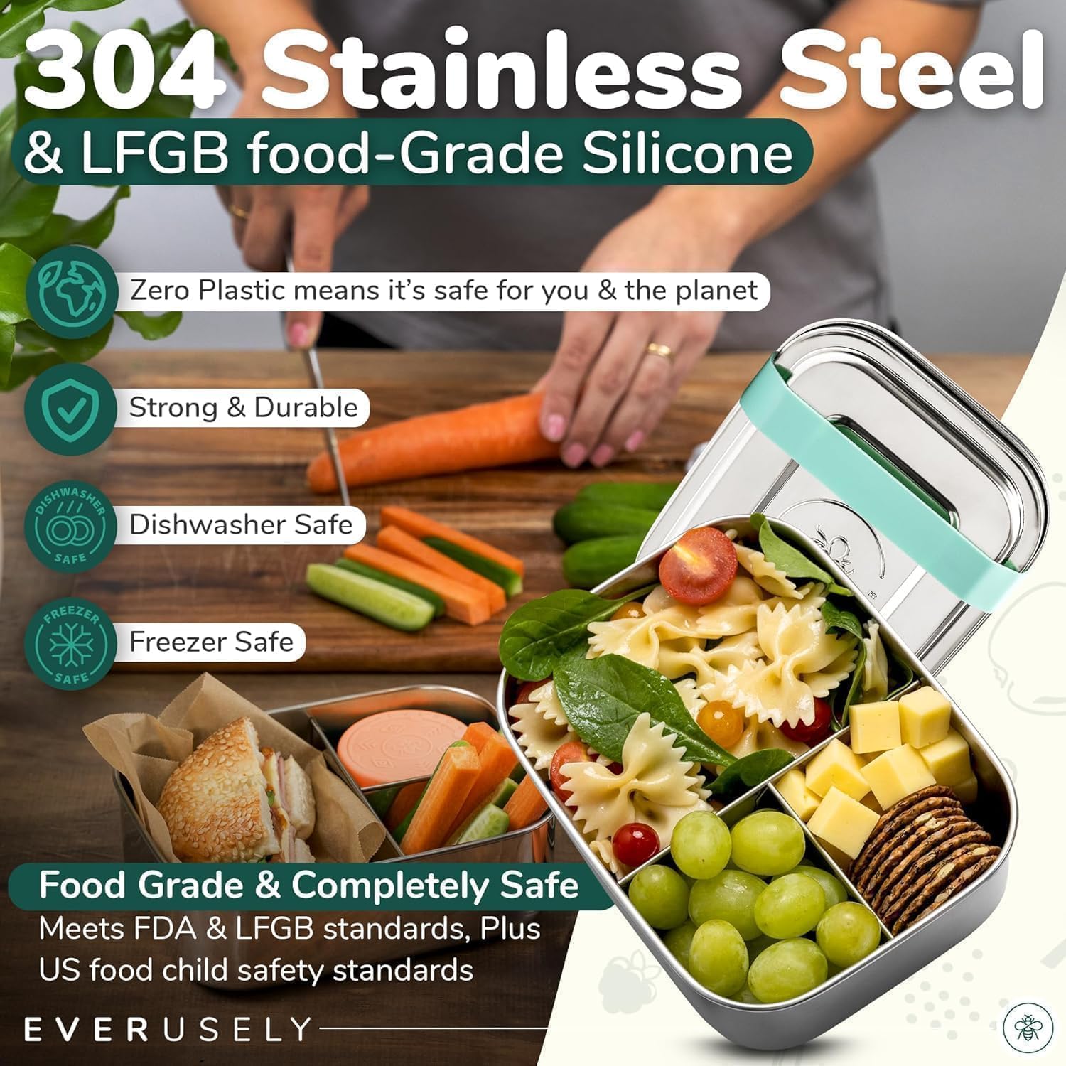 Everusely Bento Box Green silicone band secures contents during travel