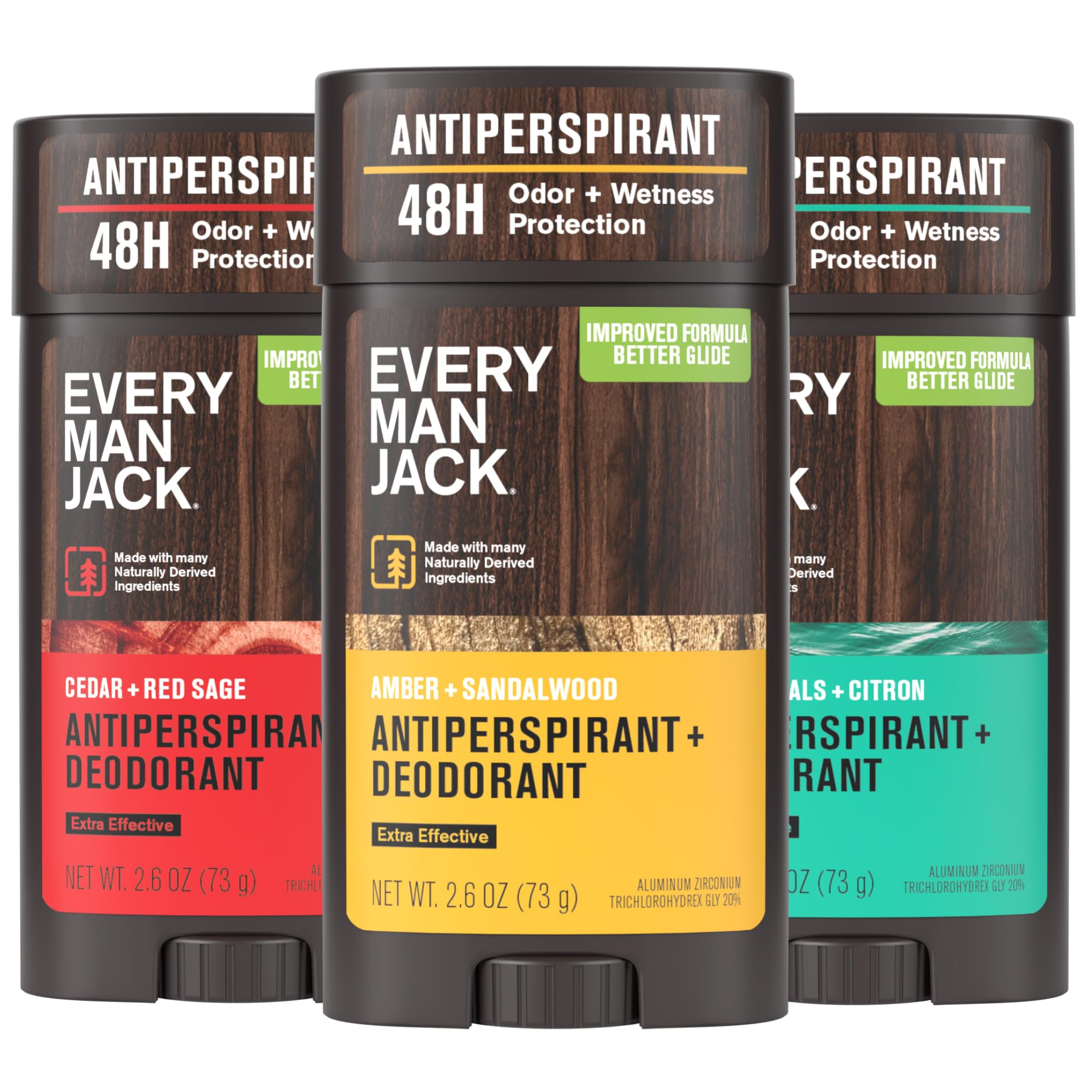 Every Man Jack Amber-Sandalwood deodorant bottle with smooth glide and 48-hour protection.
