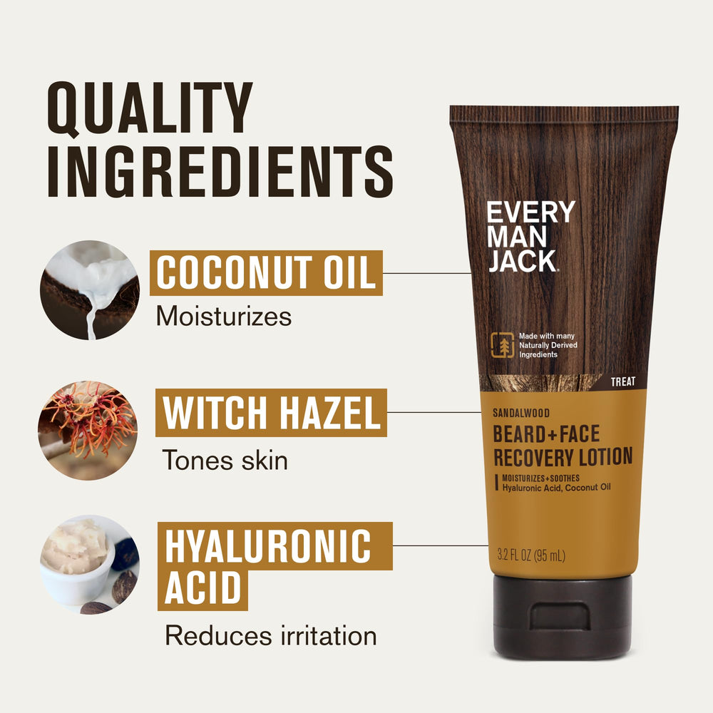Coconut oil and witch hazel ingredients illustrated for conditioning beard and skin