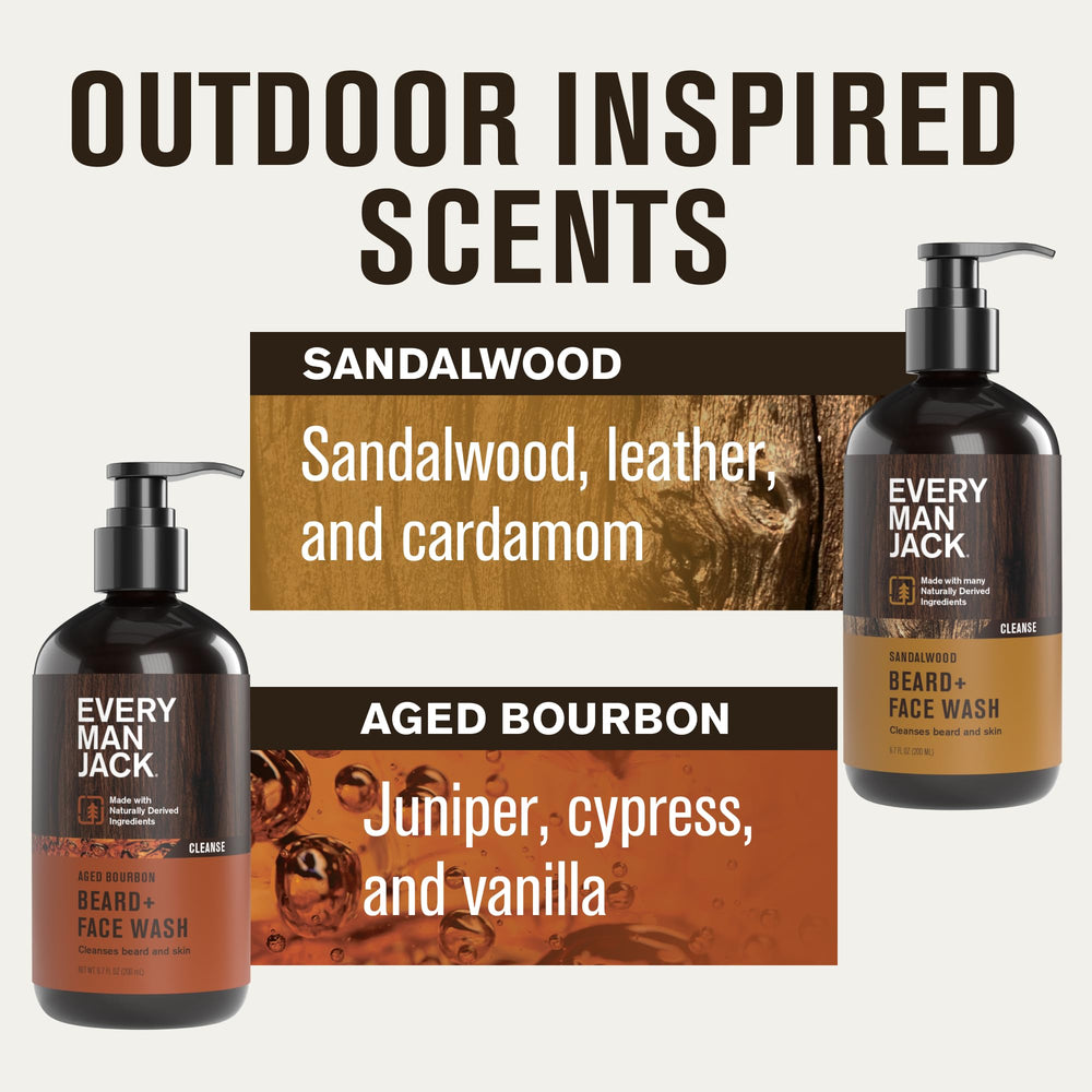 Every Man Jack sandalwood aged bourbon bundle foam shot highlights a woodsy aroma