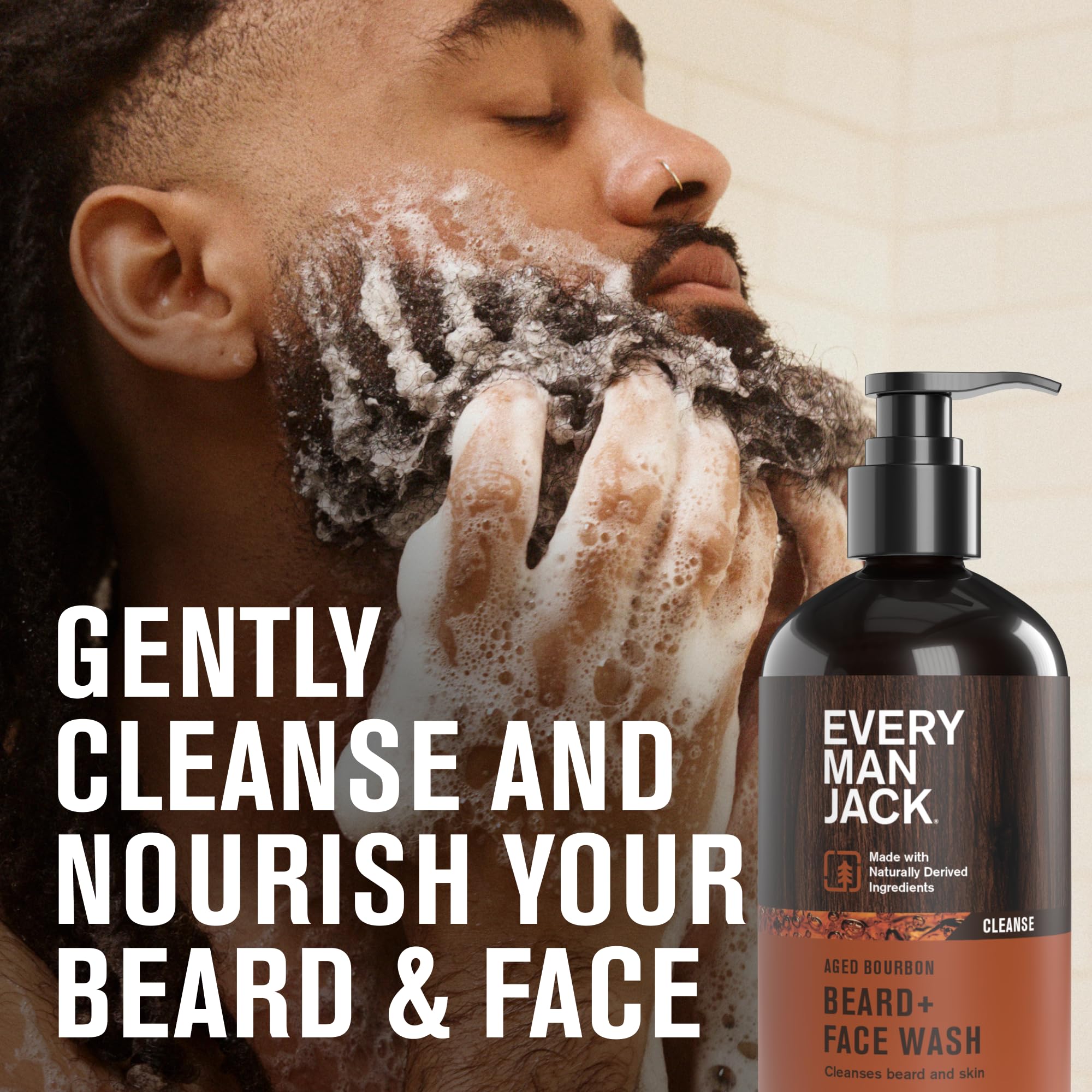 Every Man Jack beard wash bottle close-up shows rich foam for gentle cleansing